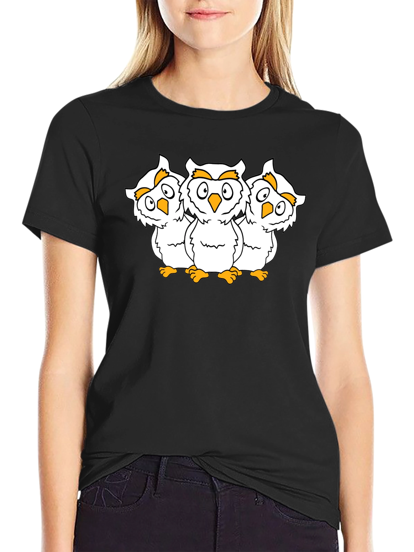 Black T-Shirt with Three Cartoon Owls