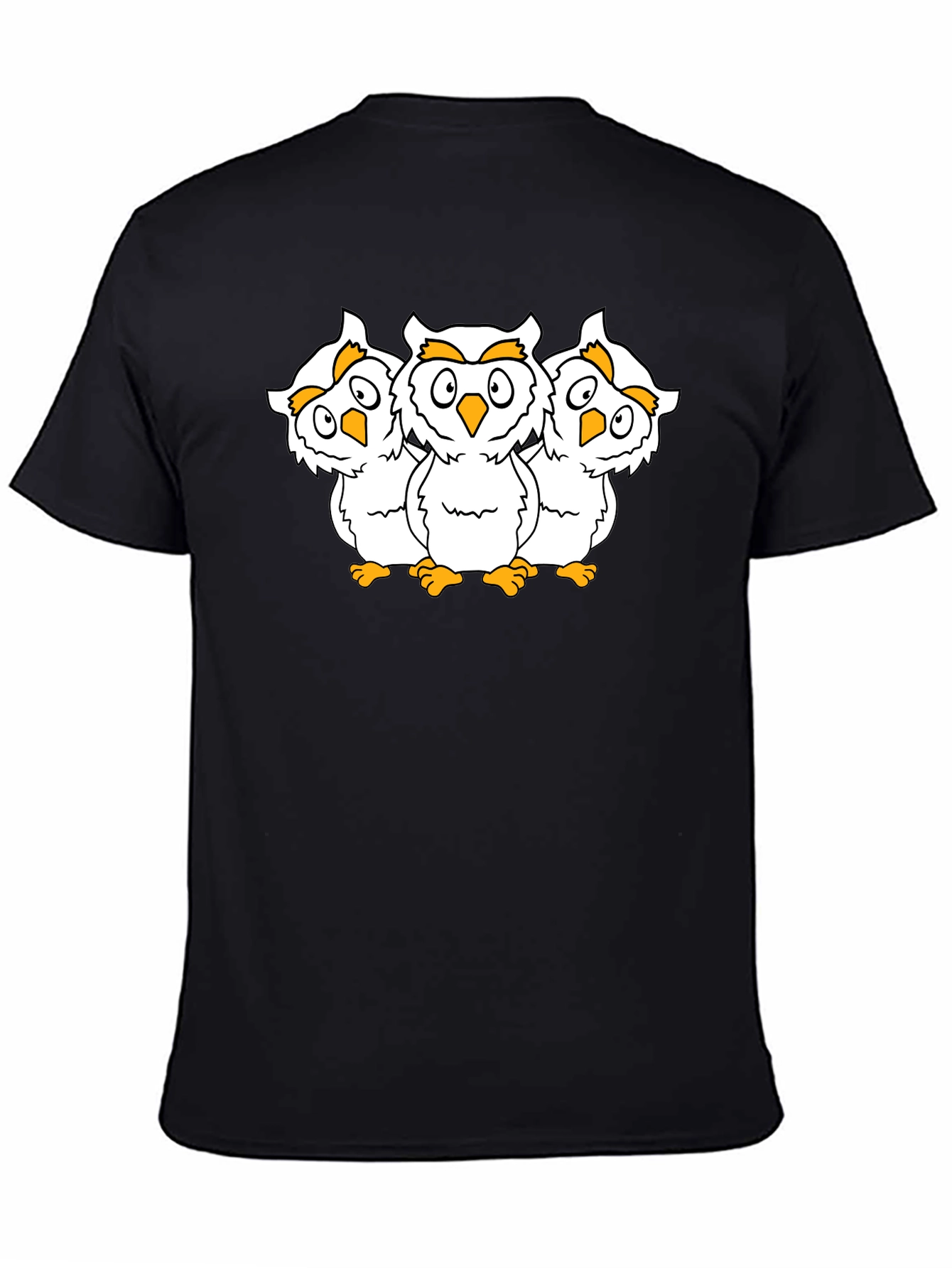 Black T-Shirt with Three Cartoon Owls