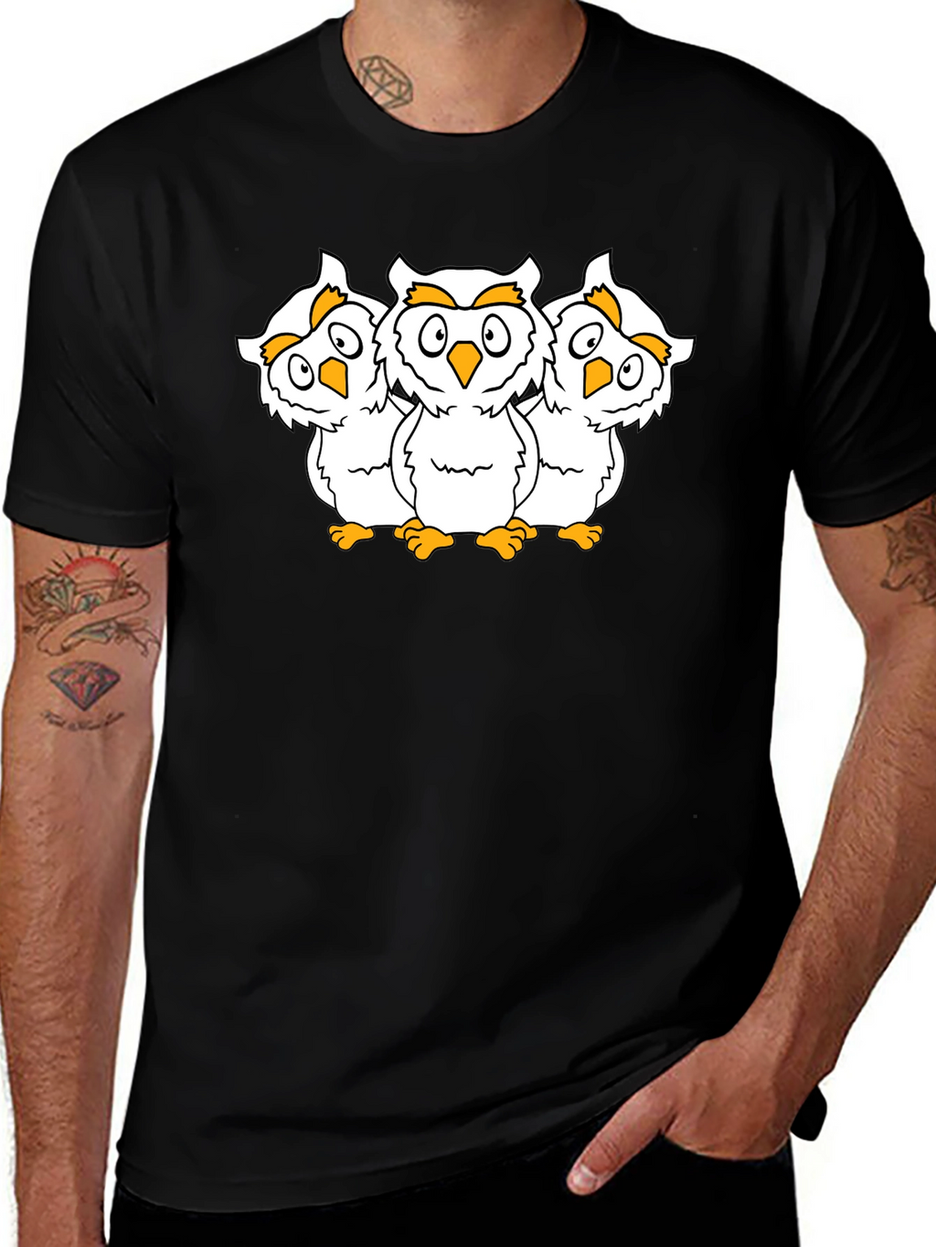 Black T-Shirt with Three Cartoon Owls