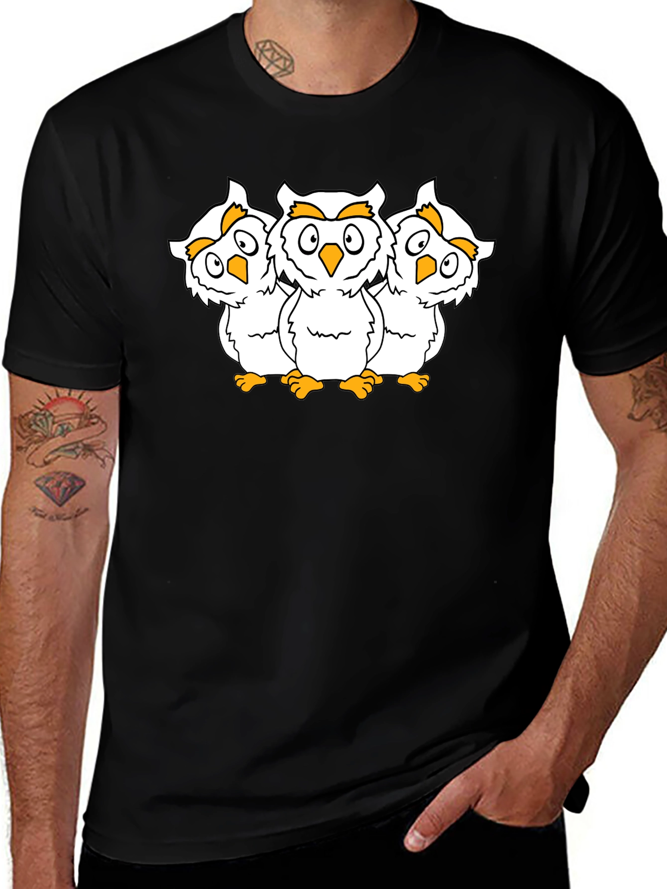 Black T-Shirt with Three Cartoon Owls