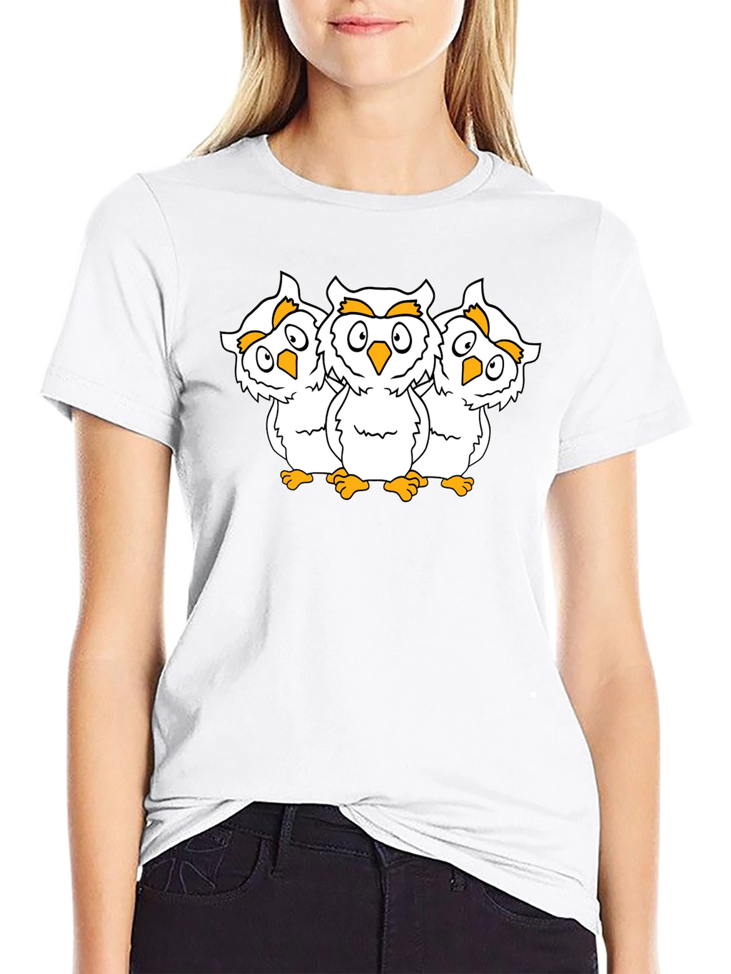 Black T-Shirt with Three Cartoon Owls