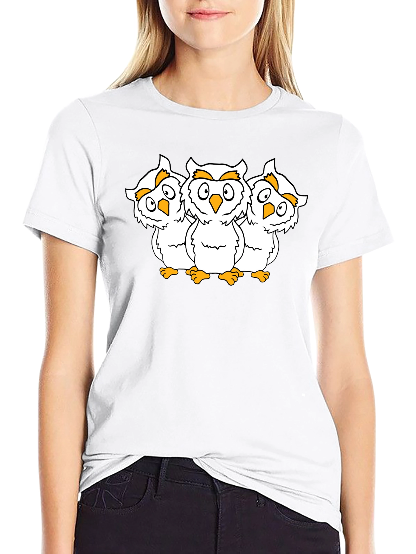 Black T-Shirt with Three Cartoon Owls