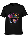 Abstract Cityscape Guitar Player Graphic T-Shirt