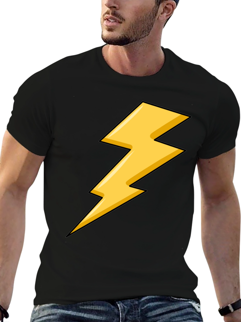 Black T-Shirt with Yellow Lightning Bolt Design