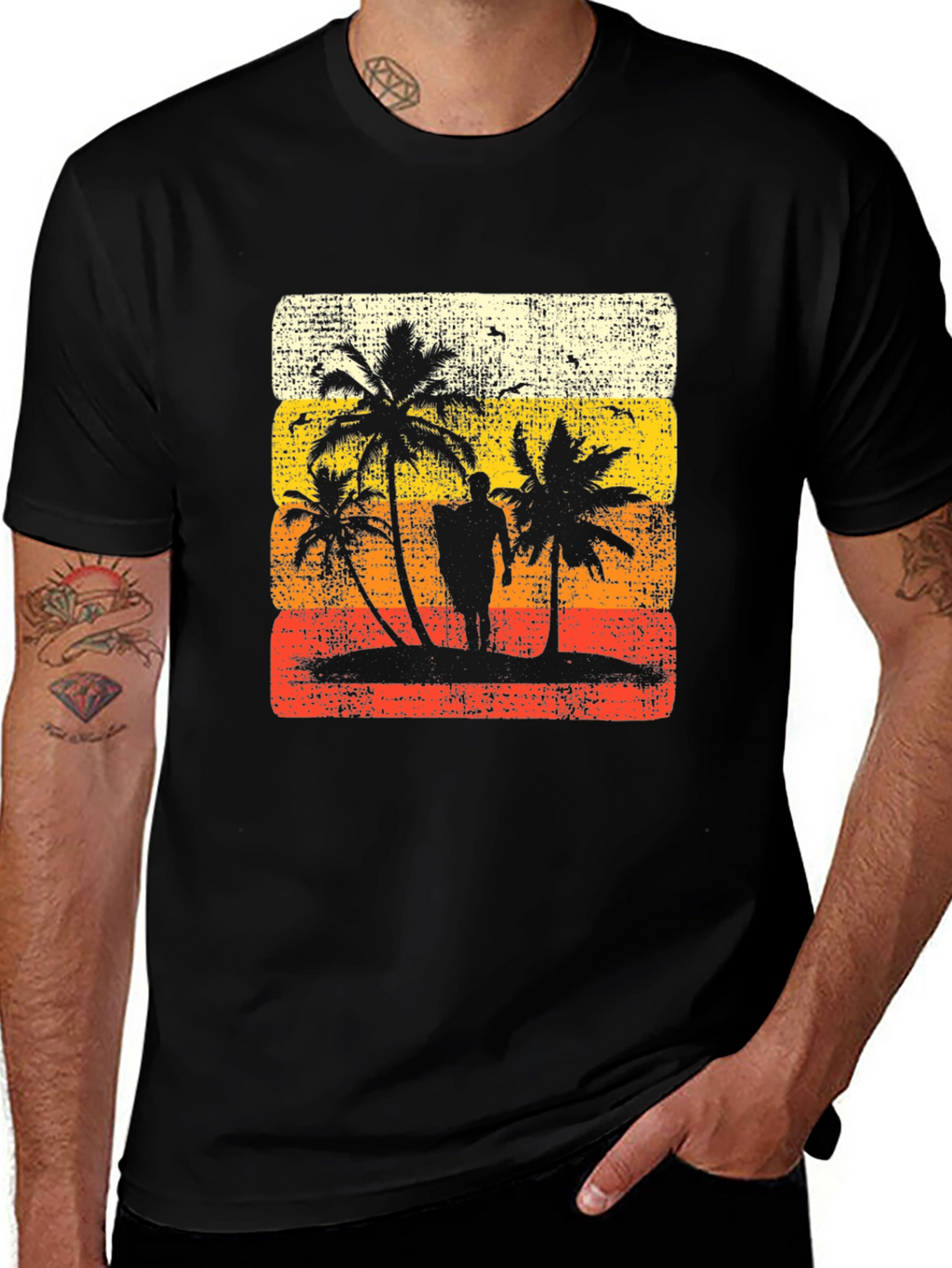 Retro Sunset Palm Tree Graphic Tee - Black
