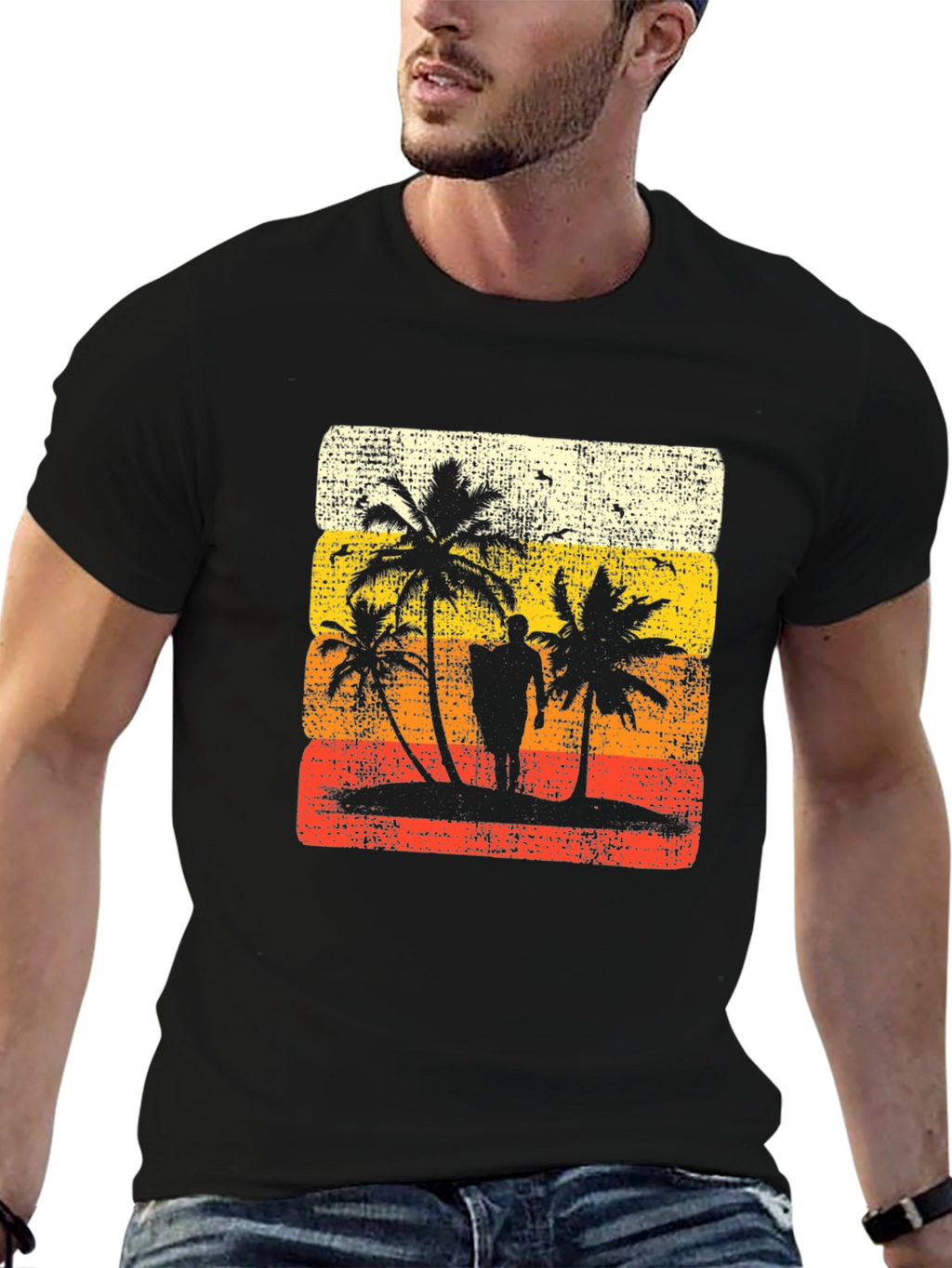 Retro Sunset Palm Tree Graphic Tee - Black