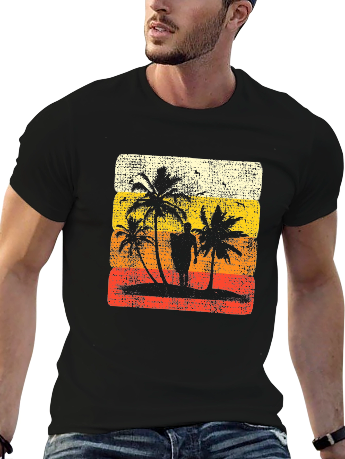 Retro Sunset Palm Tree Graphic Tee - Black