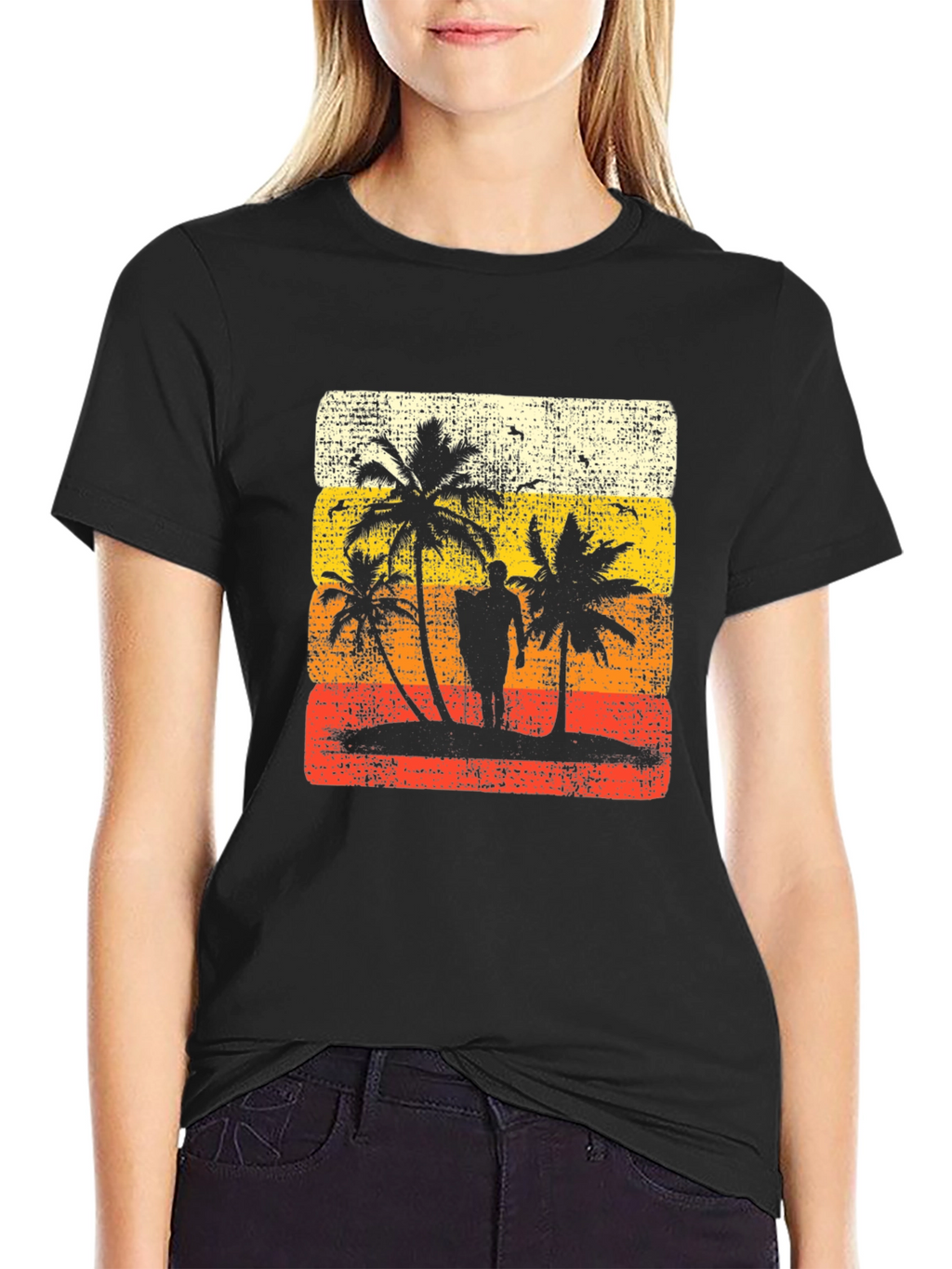 Retro Sunset Palm Tree Graphic Tee - Black