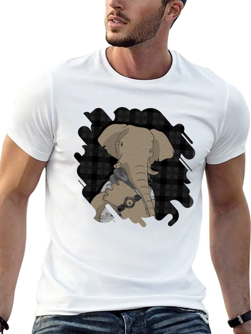 Elephant Graphic Tee - Stylish Plaid Accent