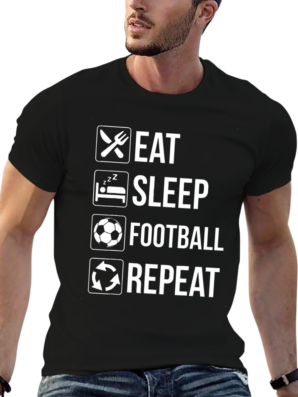 Eat Sleep Football Repeat Black Graphic T-Shirt