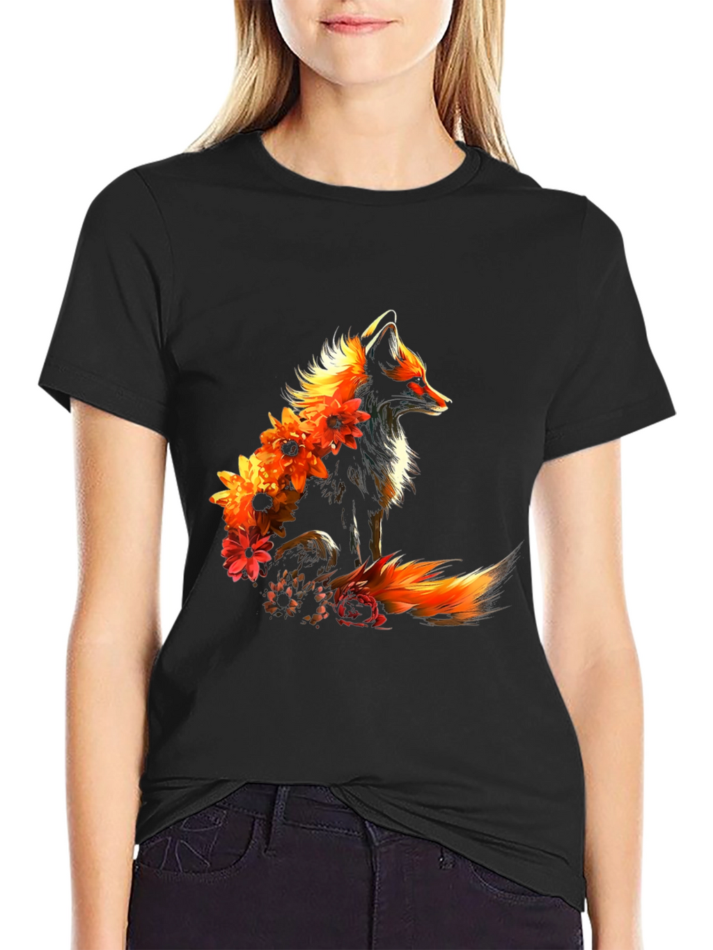 Floral Fox Graphic Black T-Shirt