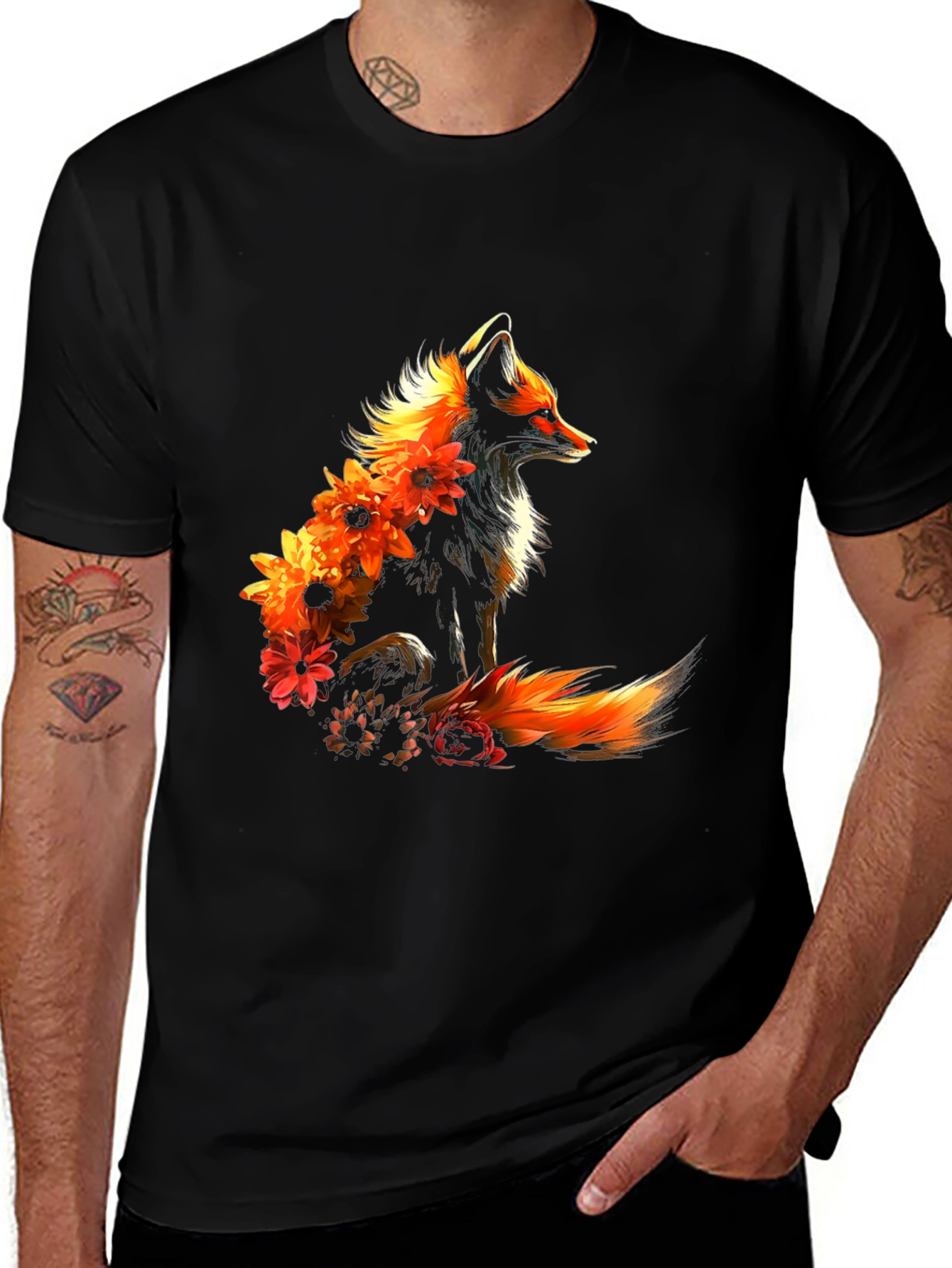 Floral Fox Graphic Black T-Shirt