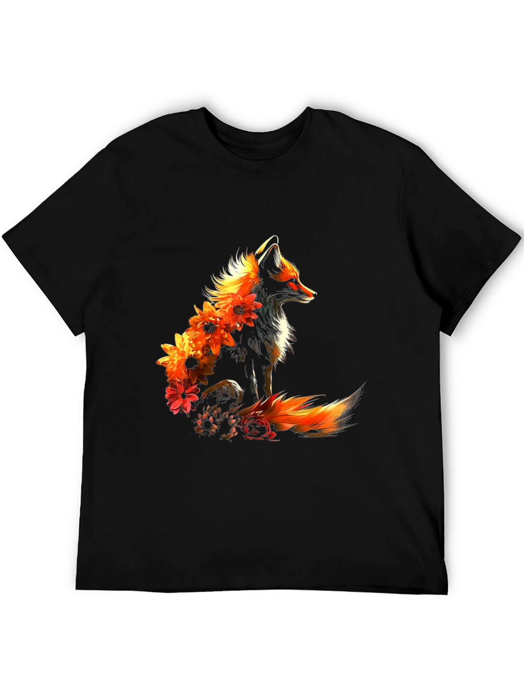 Floral Fox Graphic Black T-Shirt
