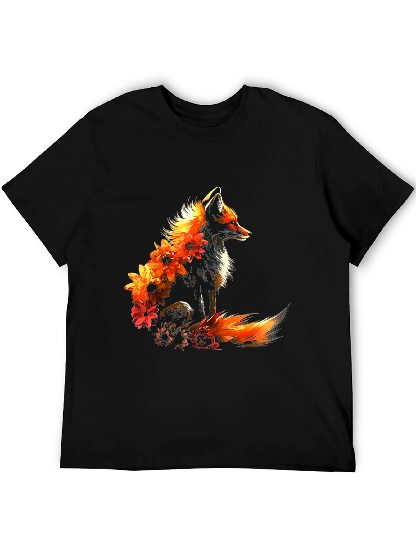 Floral Fox Graphic Black T-Shirt