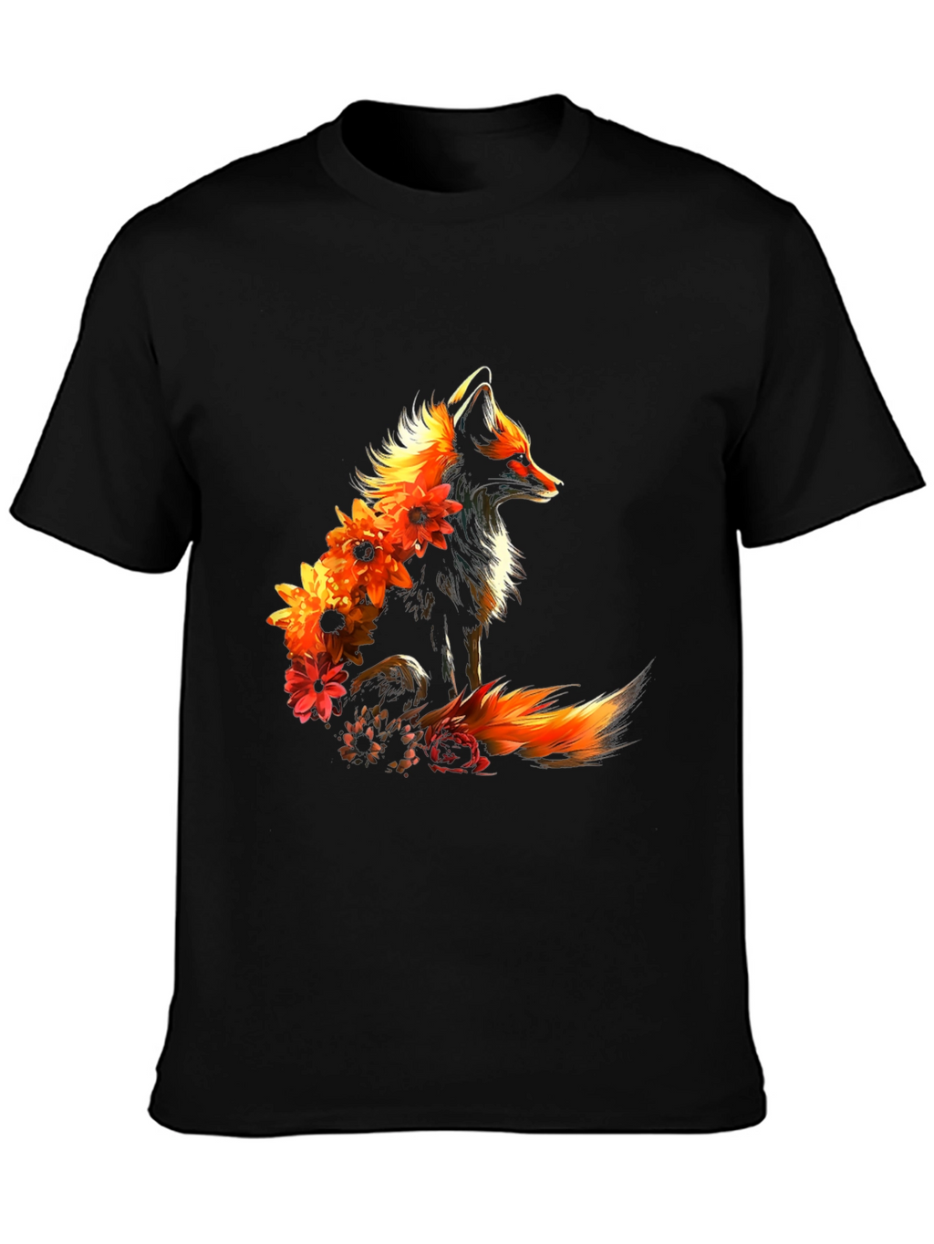 Floral Fox Graphic Black T-Shirt