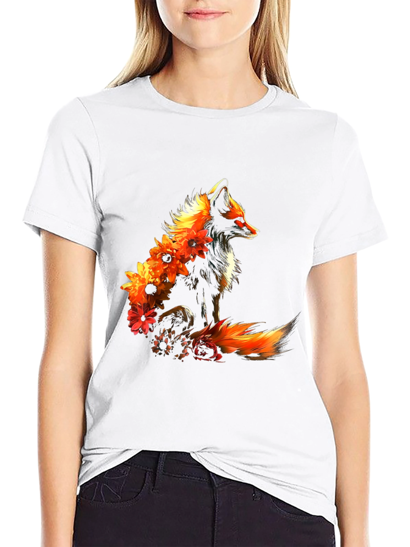 Floral Fox Graphic Black T-Shirt