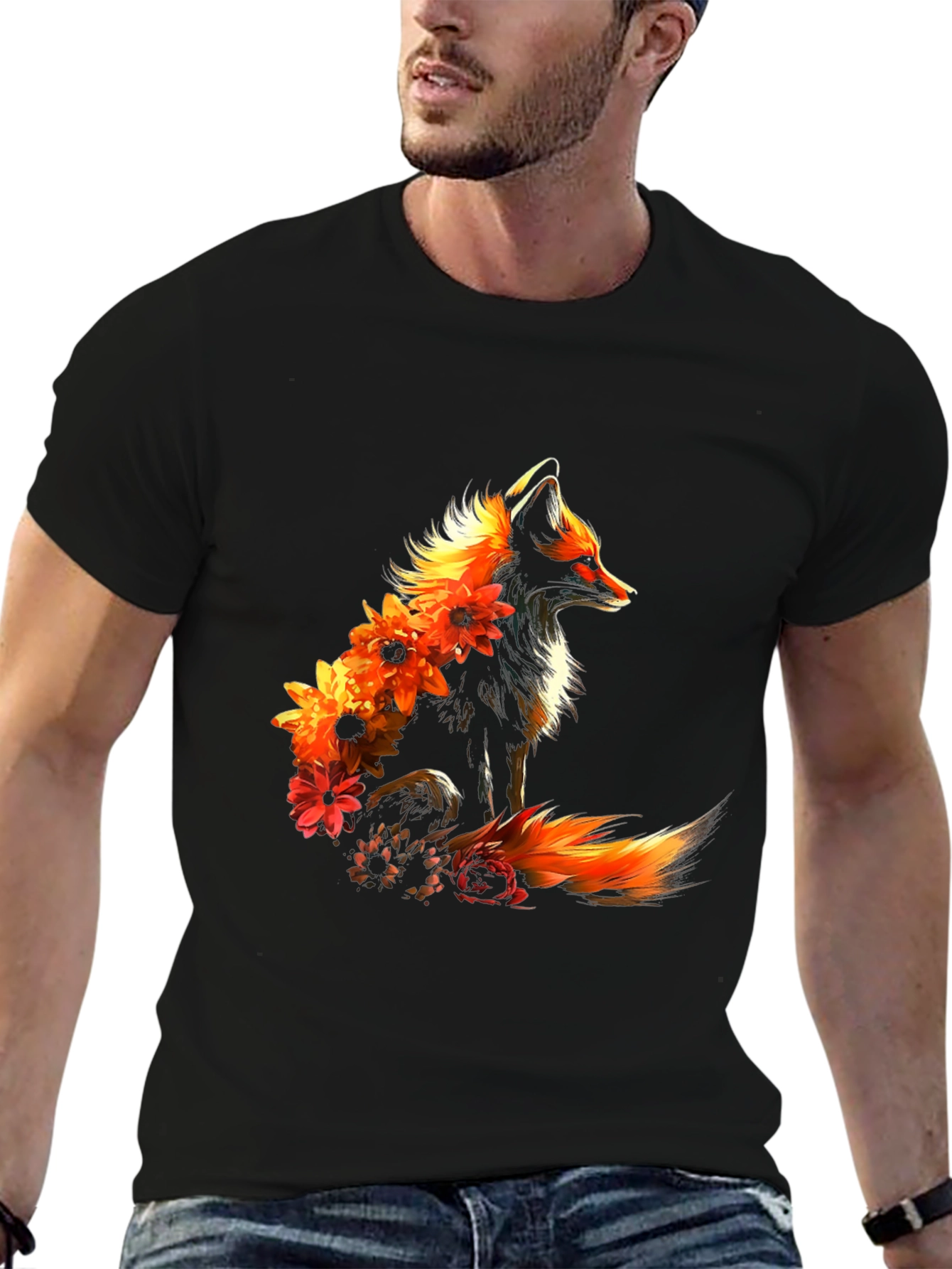 Floral Fox Graphic Black T-Shirt