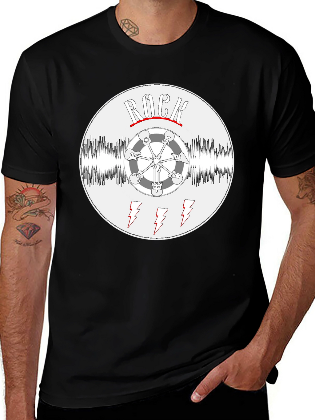 Rock Music T-Shirt - Guitar Wheel & Lightning Bolts