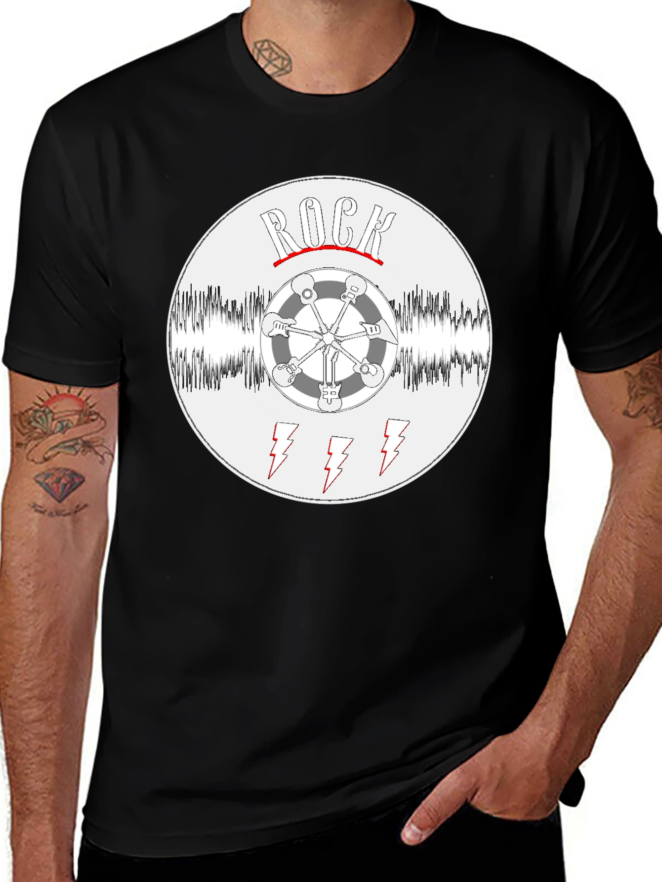 Rock Music T-Shirt - Guitar Wheel & Lightning Bolts