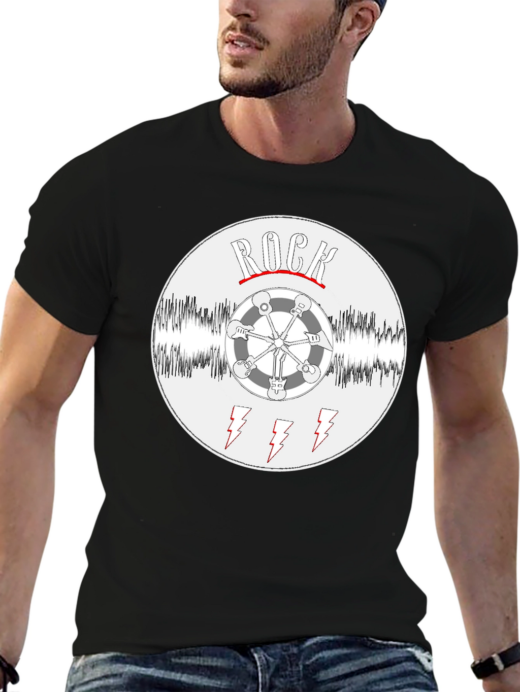 Rock Music T-Shirt - Guitar Wheel & Lightning Bolts