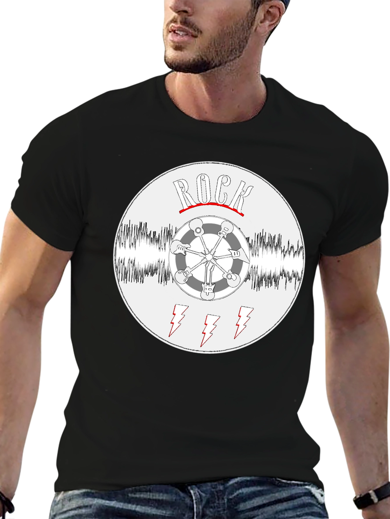 Rock Music T-Shirt - Guitar Wheel & Lightning Bolts