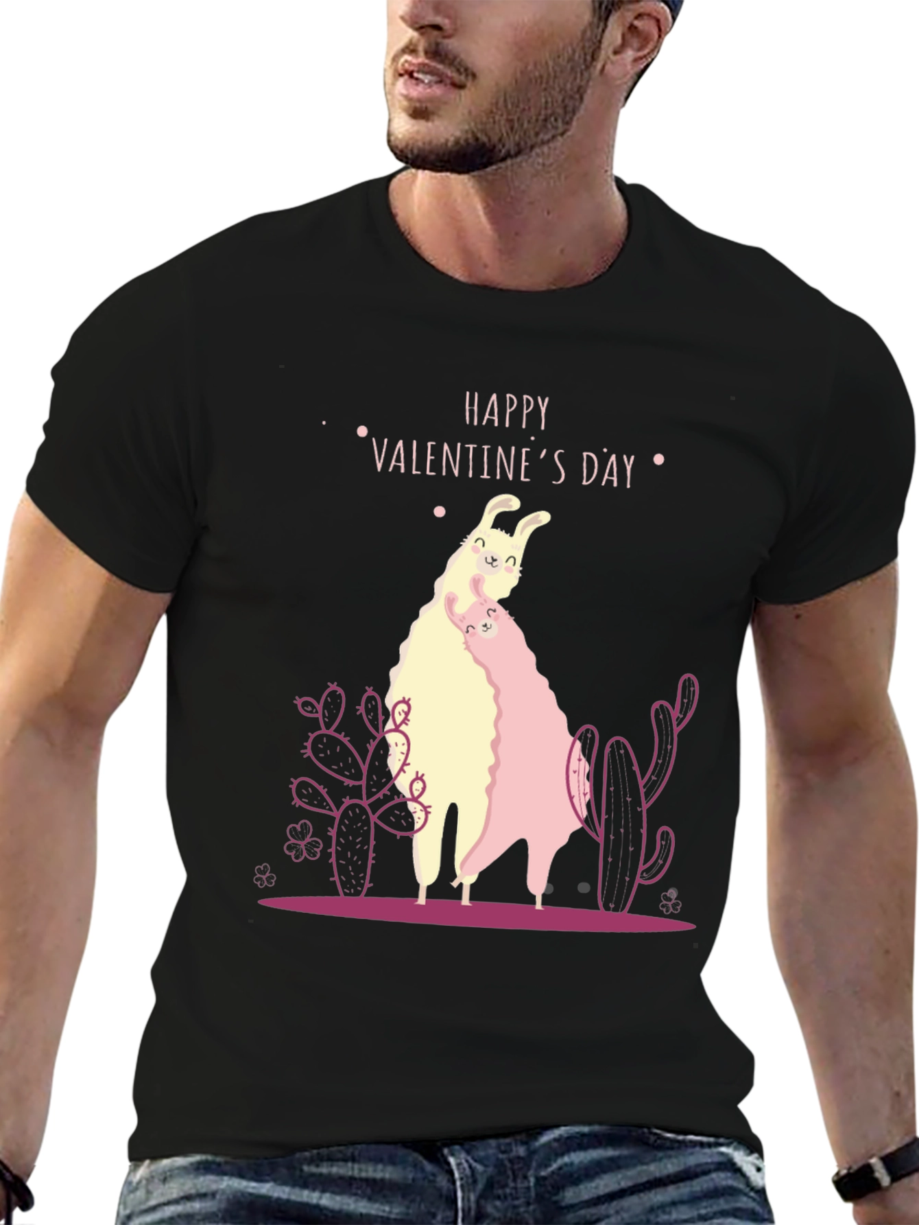Llama Valentines Day Black T-Shirt