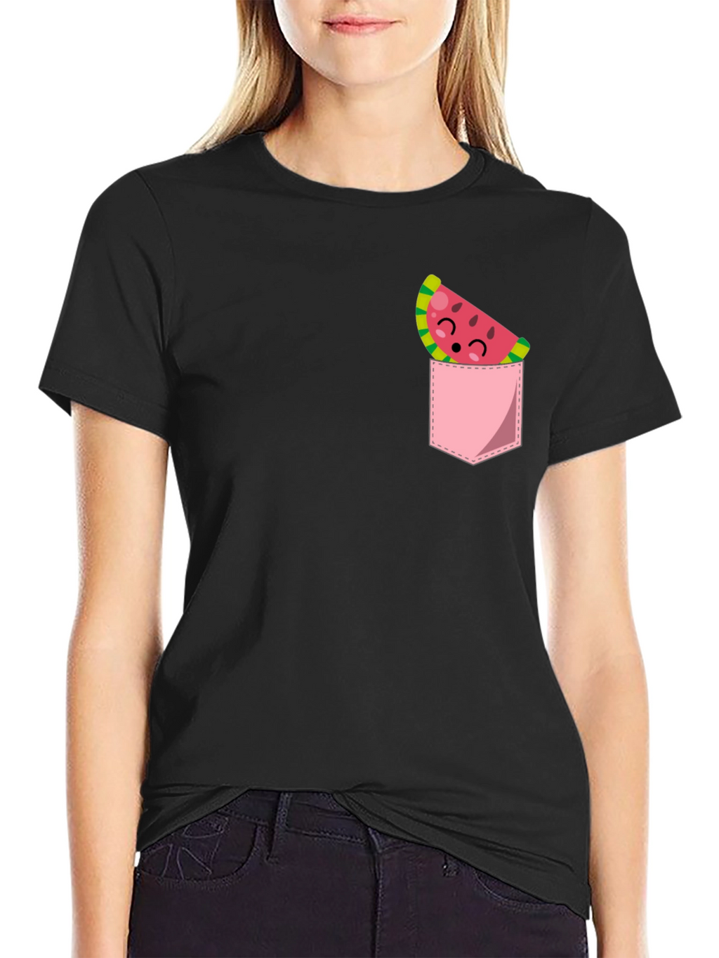 Cute Watermelon Pocket Black T-Shirt