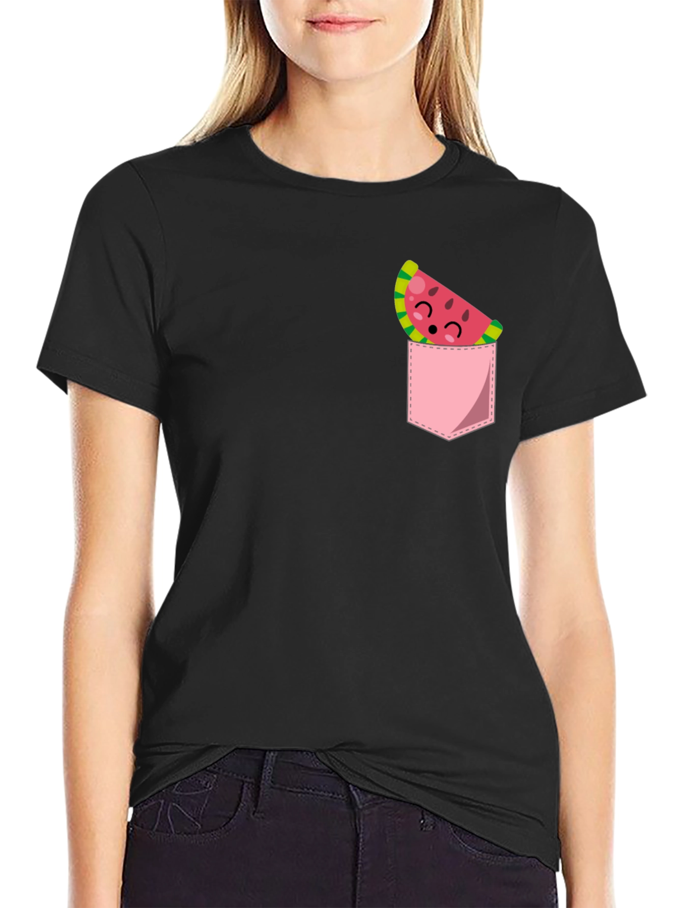 Cute Watermelon Pocket Black T-Shirt