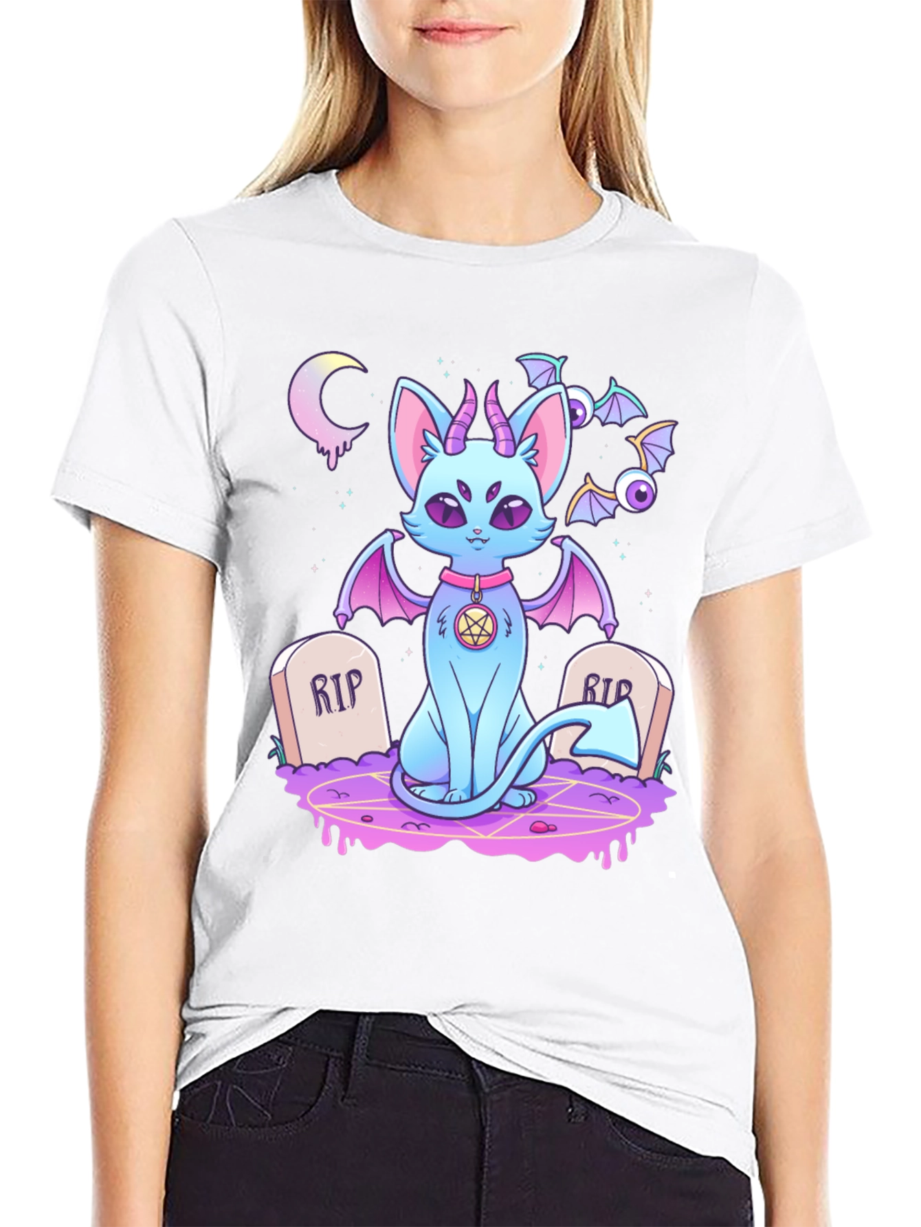 Gothic Cartoon Cat Graphic T-Shirt