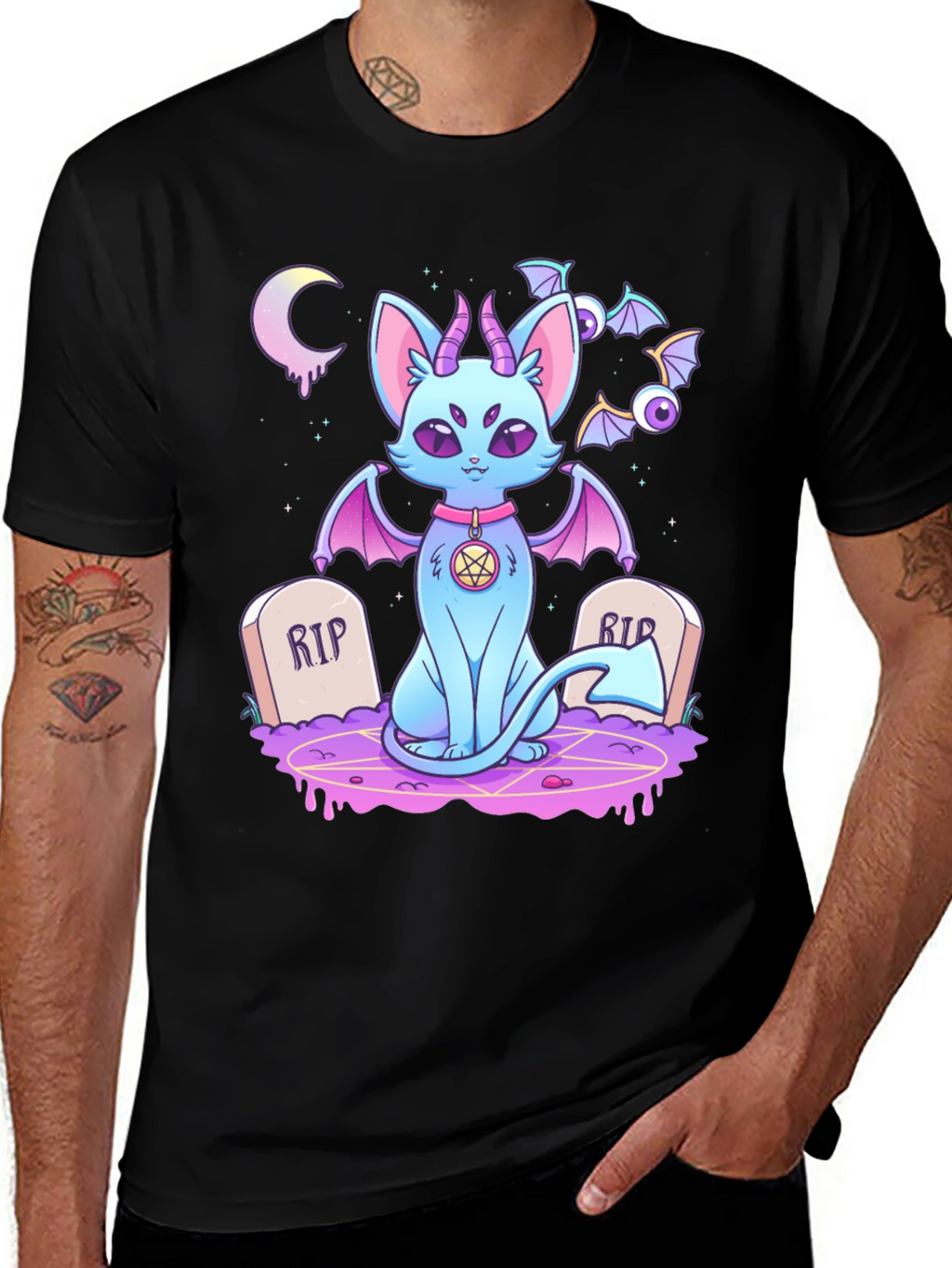 Gothic Cartoon Cat Graphic T-Shirt