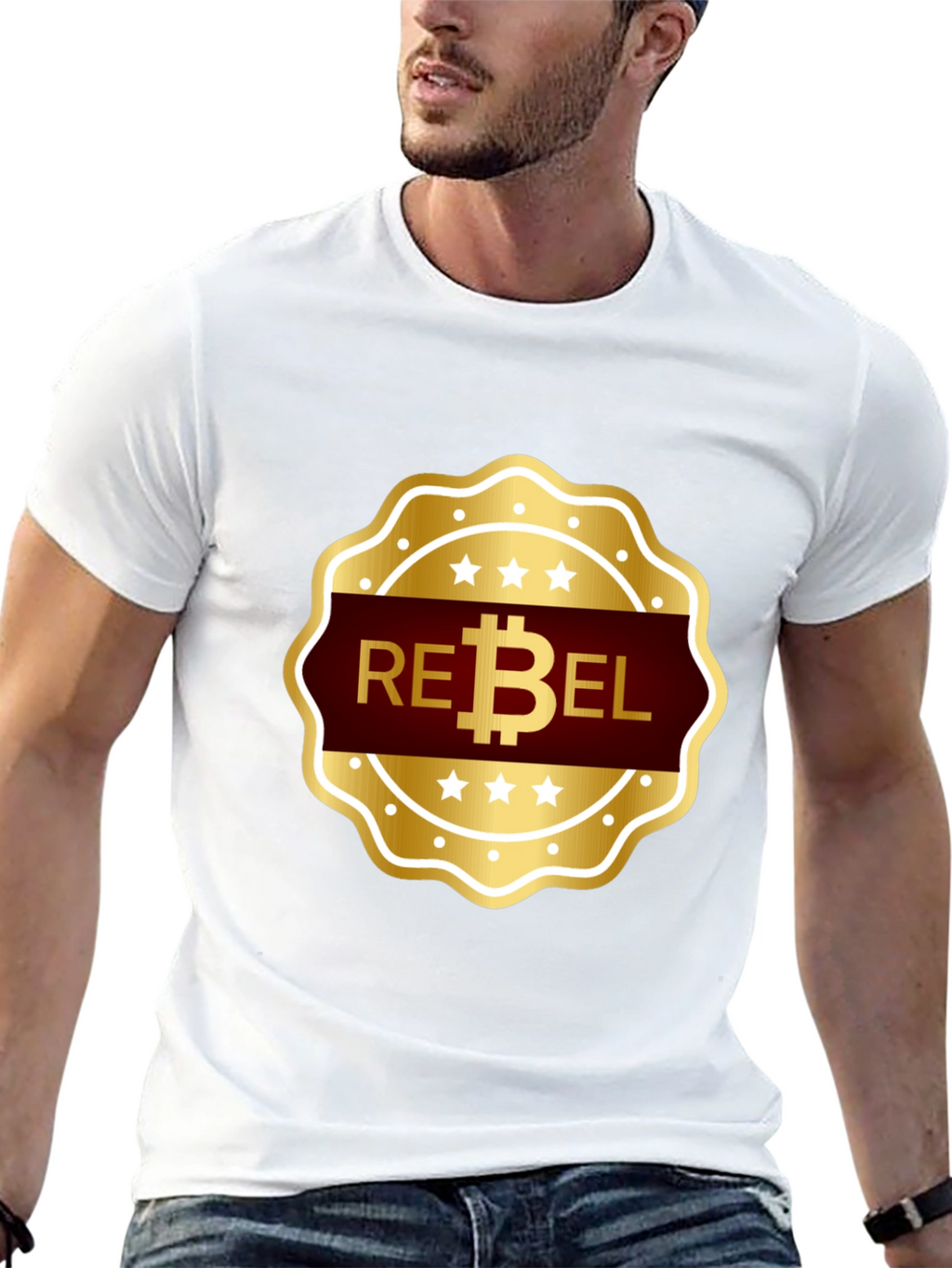 Rebel Bitcoin T-Shirt - Gold Emblem Design