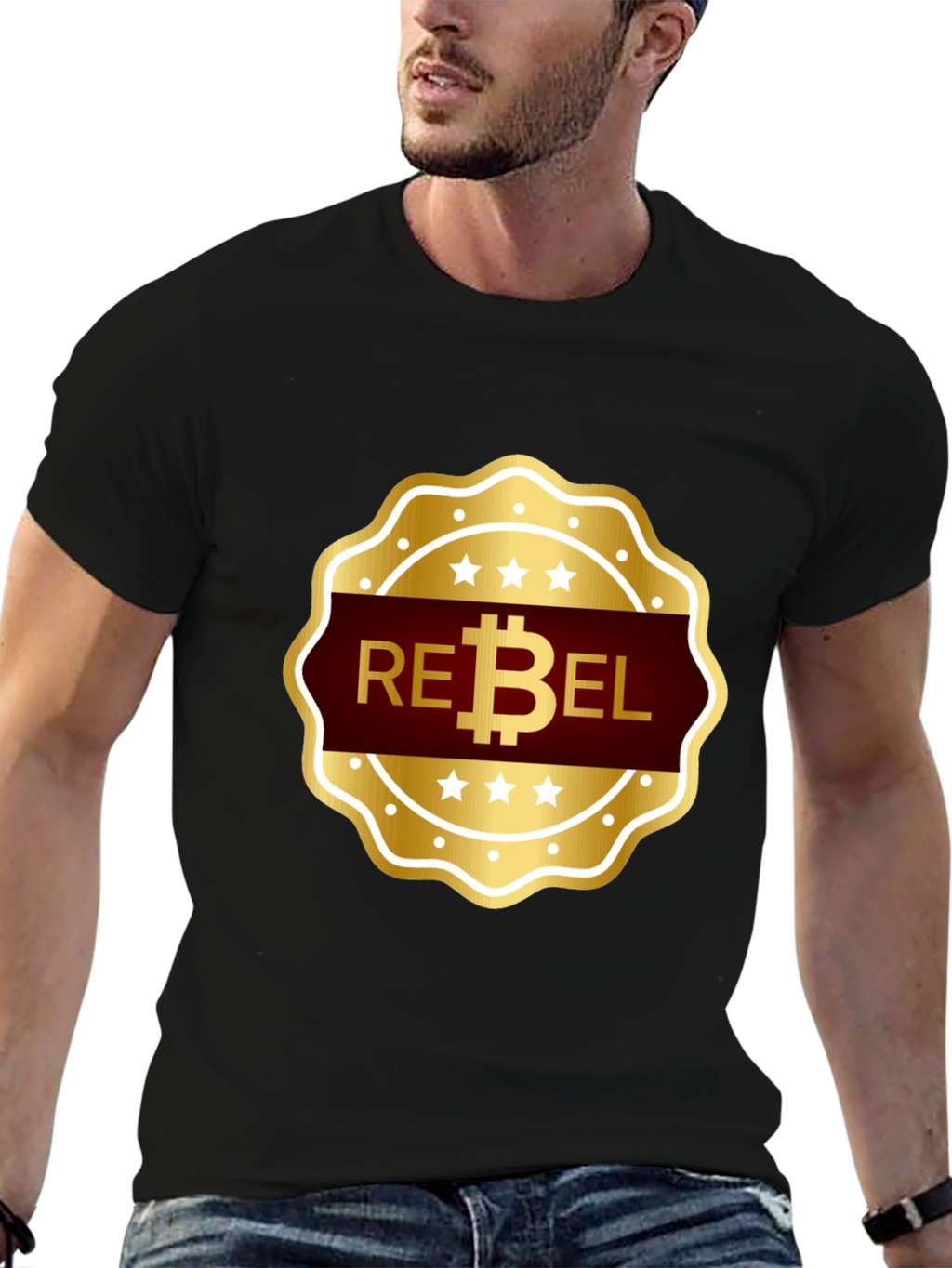 Rebel Bitcoin T-Shirt - Gold Emblem Design