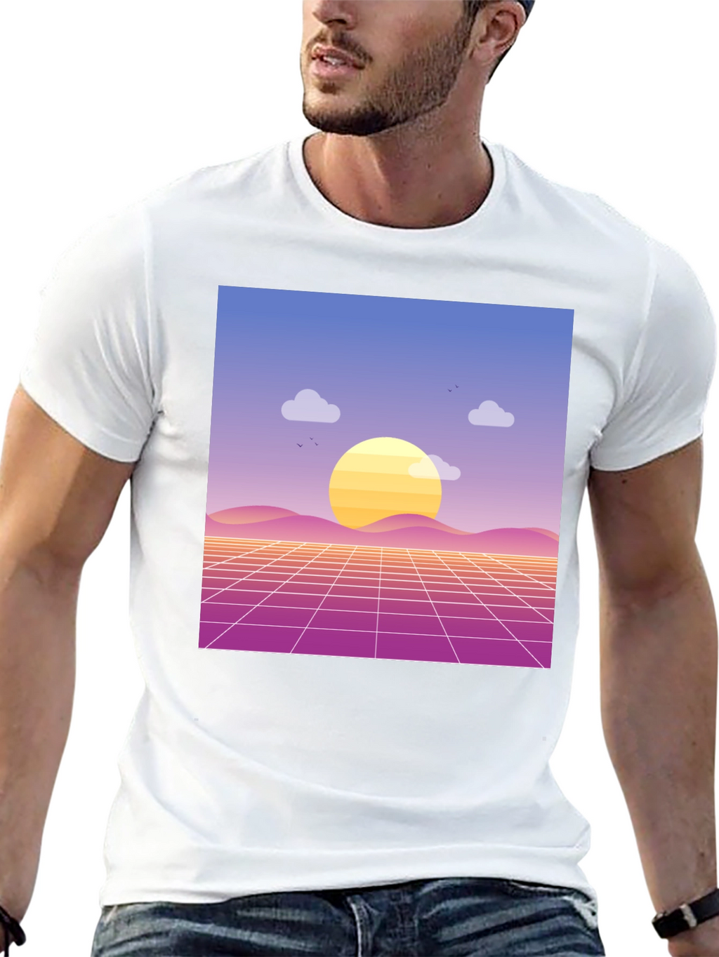 Retro Sunset Graphic Tee - Black Cotton Blend