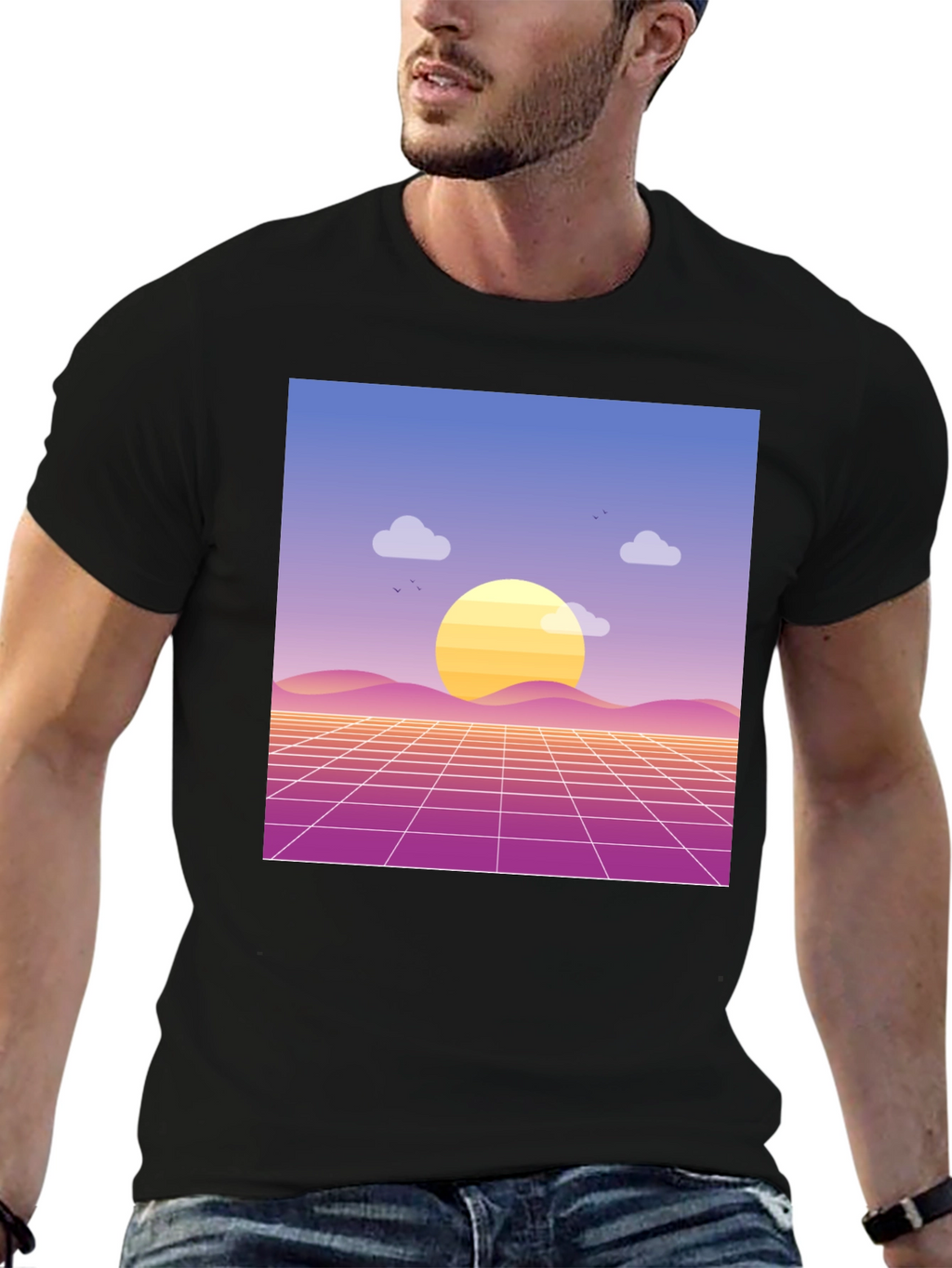 Retro Sunset Graphic Tee - Black Cotton Blend