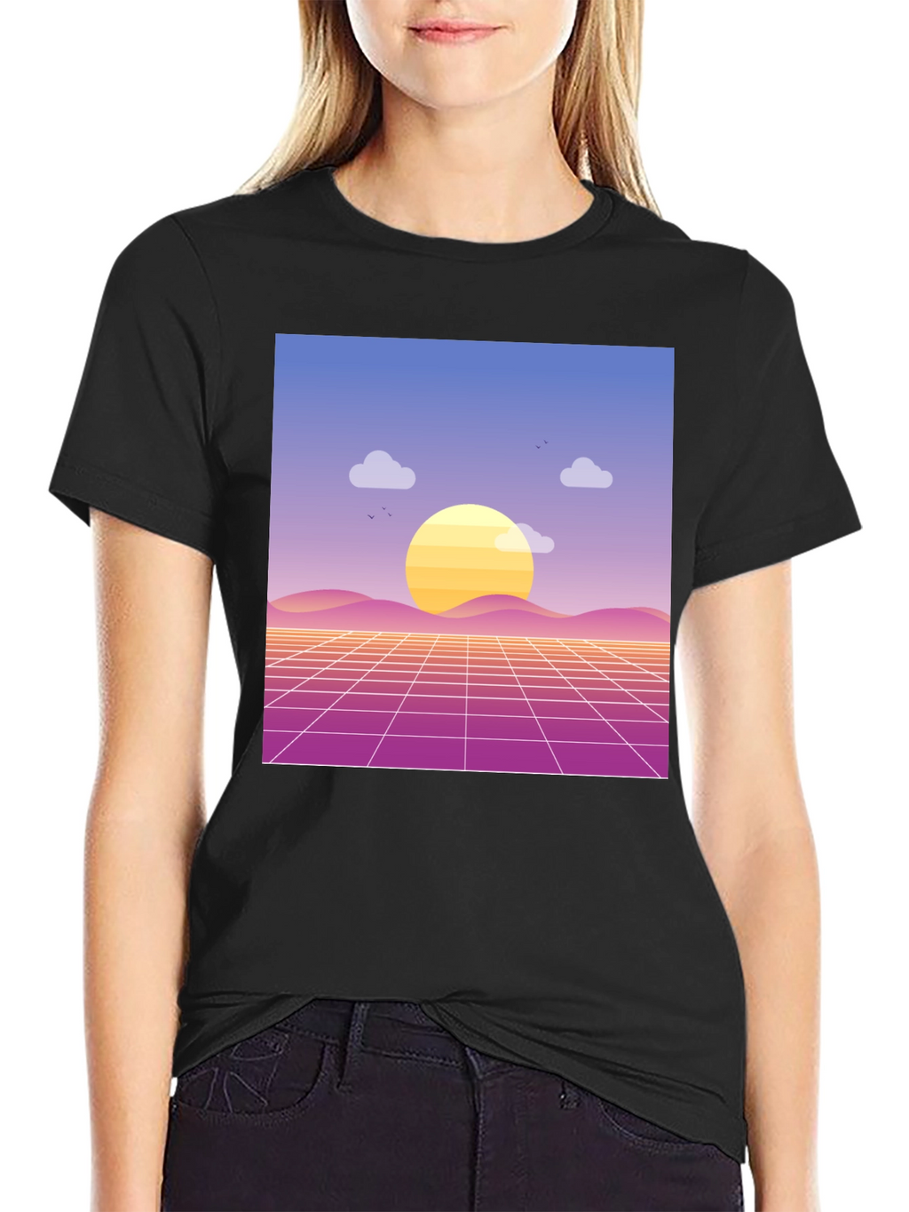 Retro Sunset Graphic Tee - Black Cotton Blend