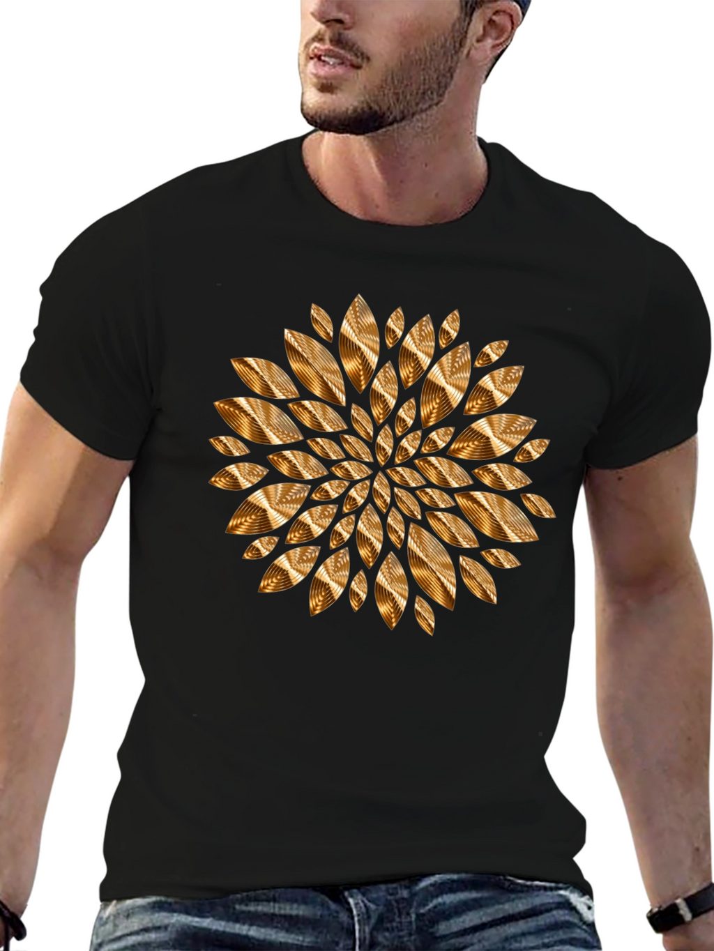 Abstract Gold Petal Design Black T-Shirt