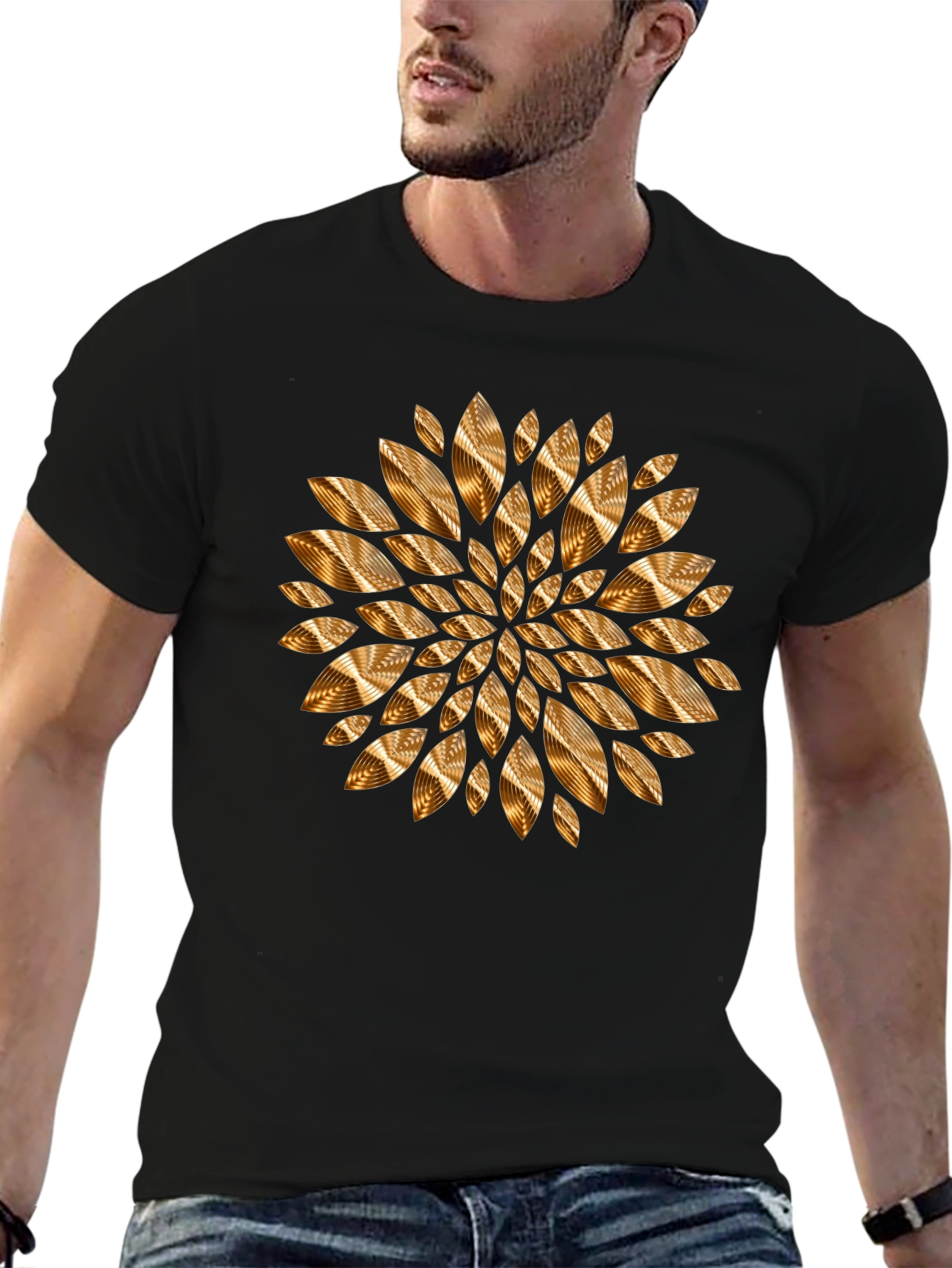 Abstract Gold Petal Design Black T-Shirt