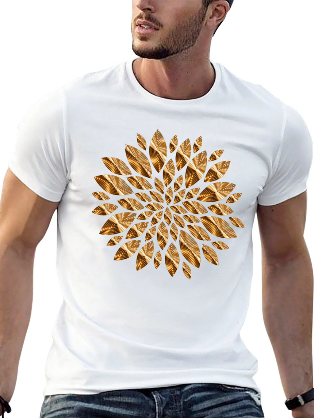 Abstract Gold Petal Design Black T-Shirt