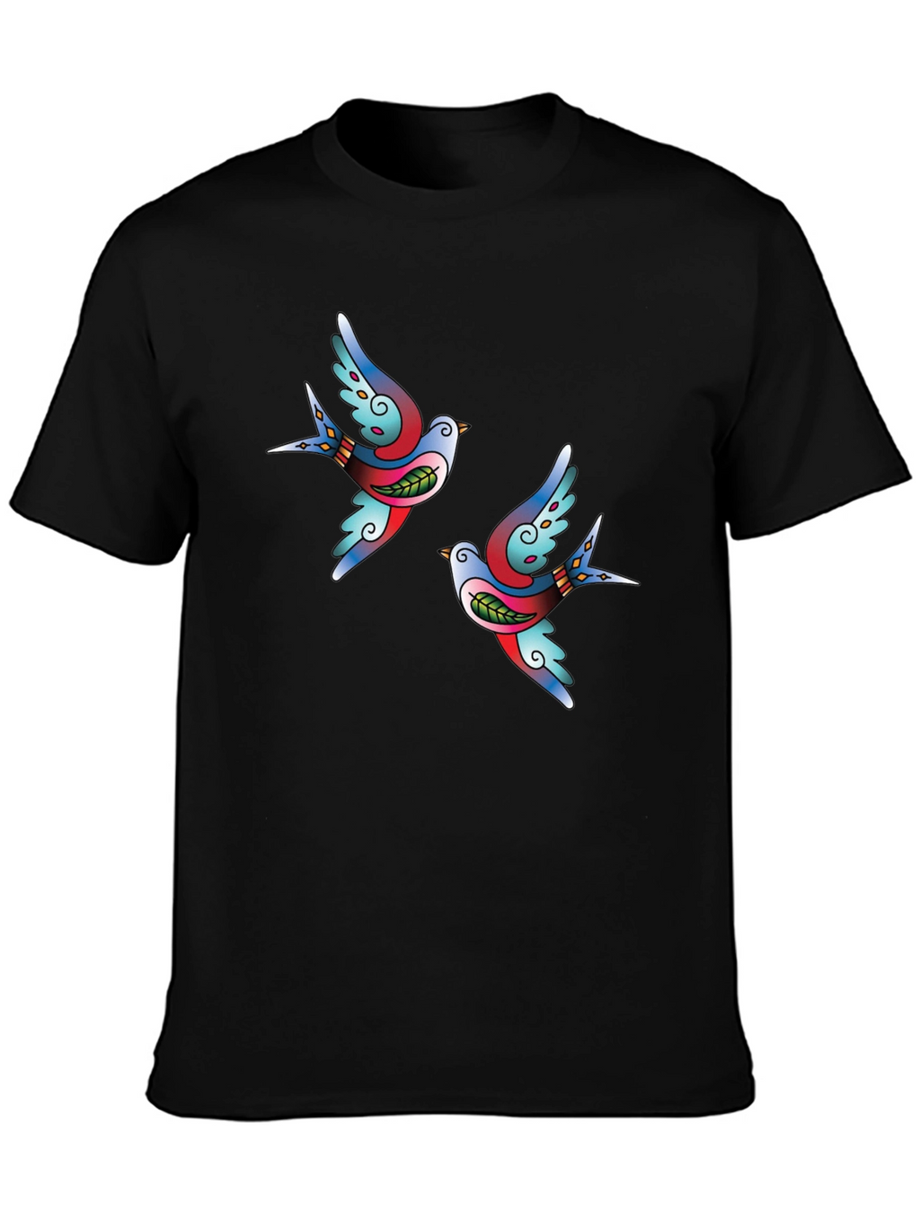 Stylish Black Tee with Swallow Tattoo Print