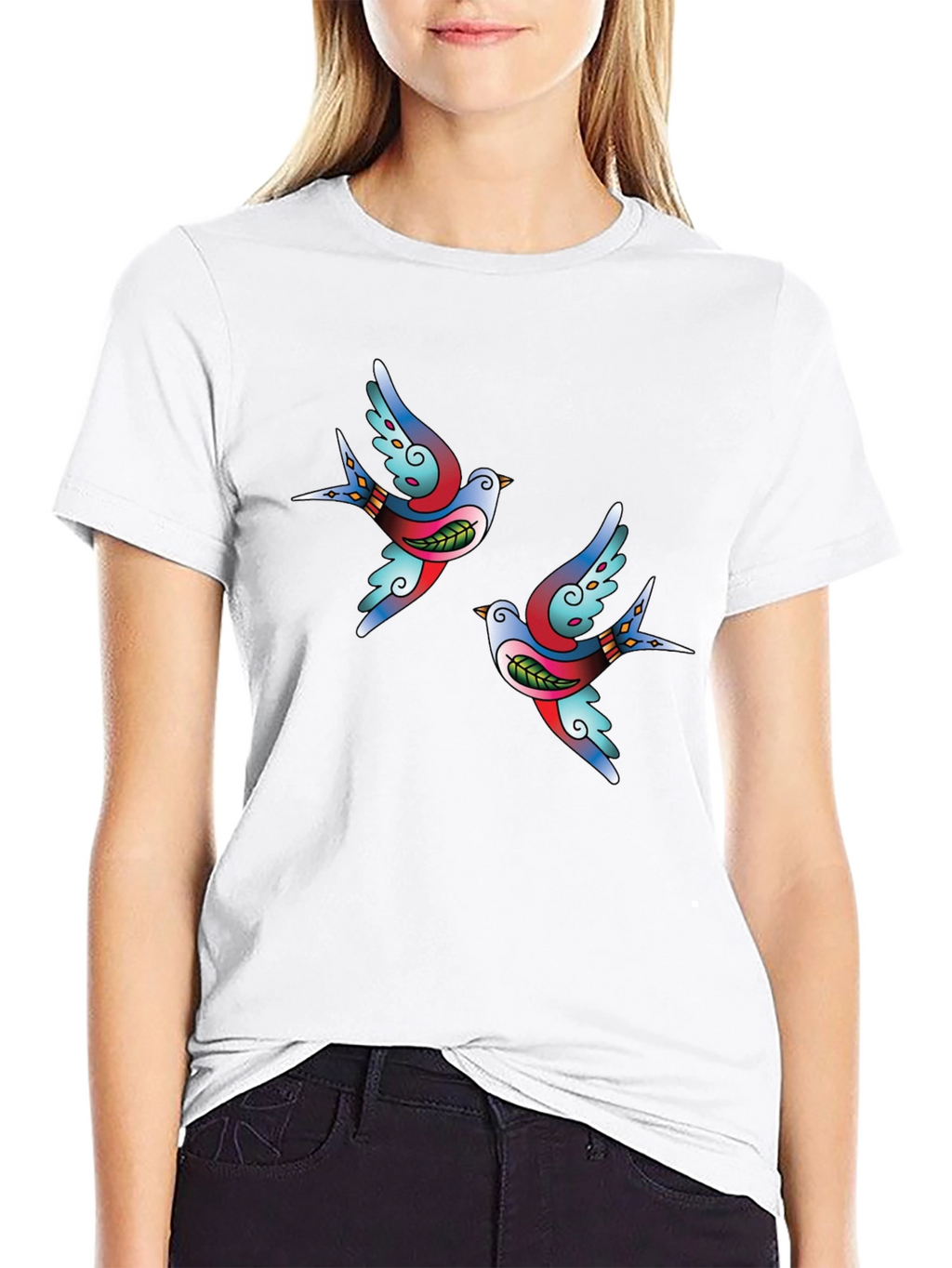 Stylish Black Tee with Swallow Tattoo Print