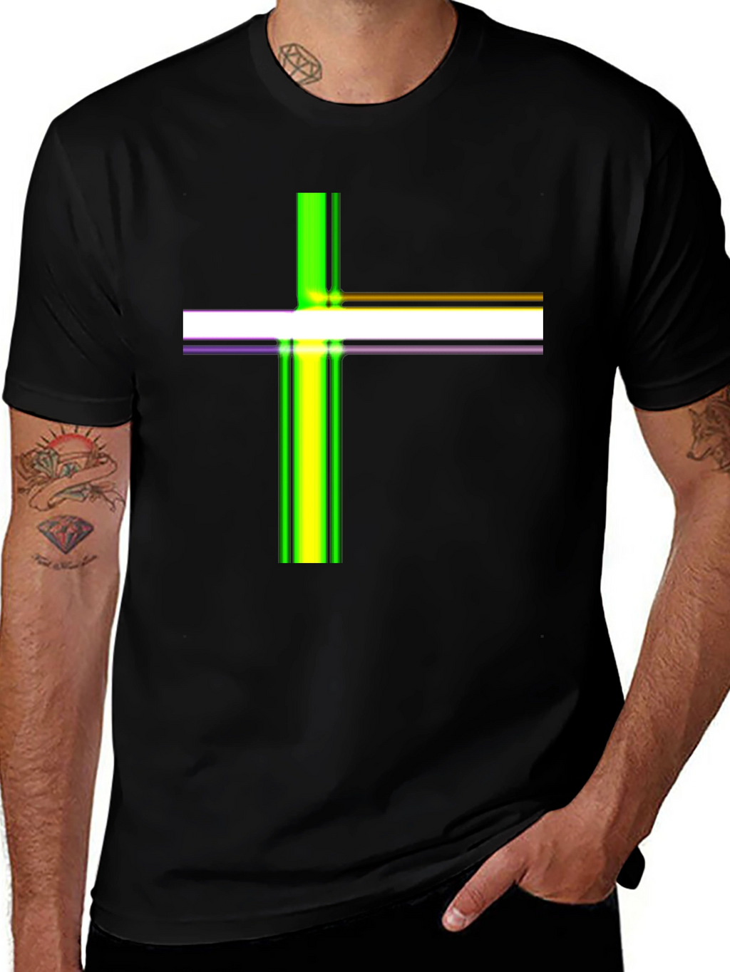 Striped Cross Graphic Black T-Shirt
