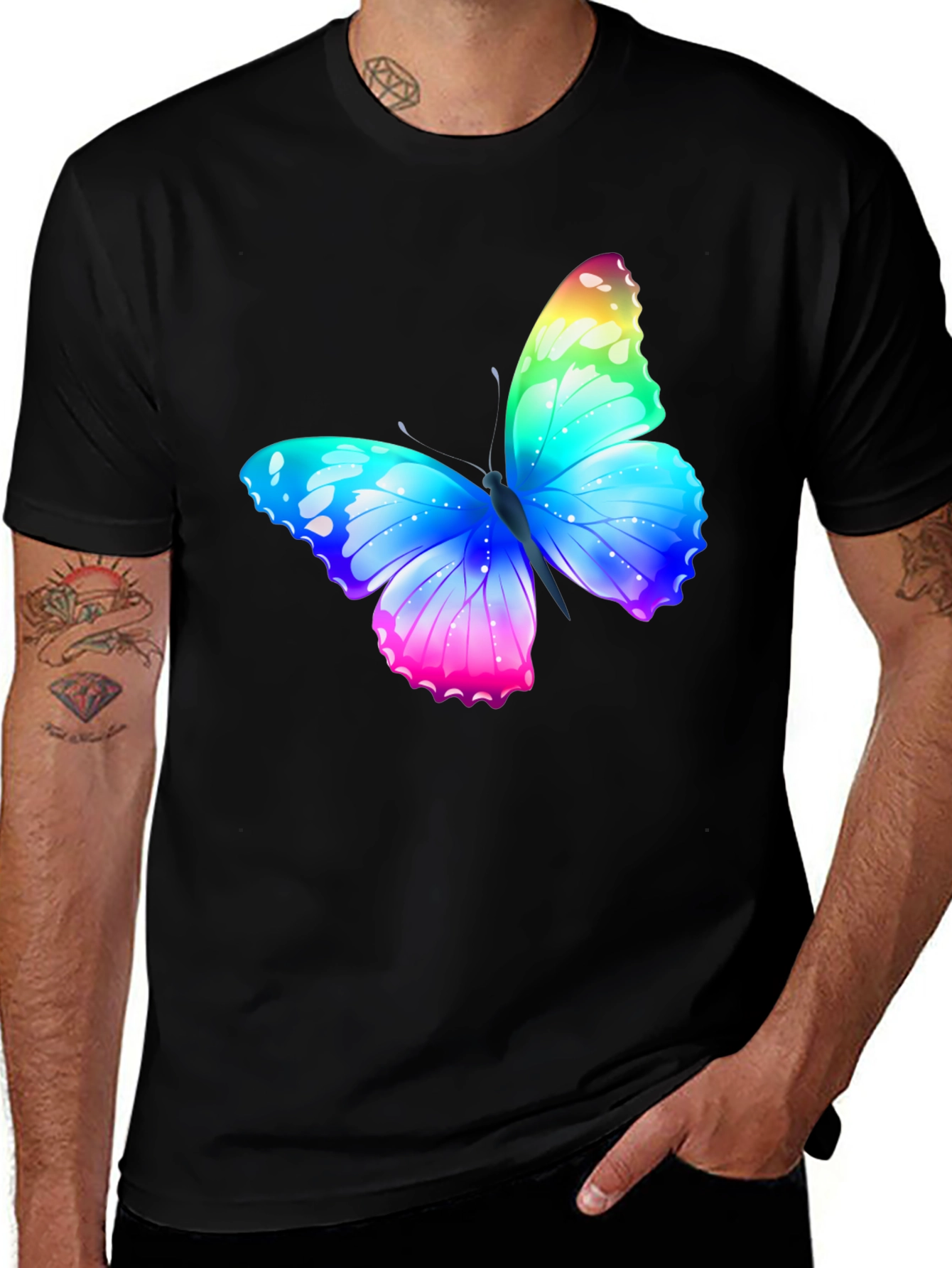 Rainbow Butterfly Graphic Black T-Shirt