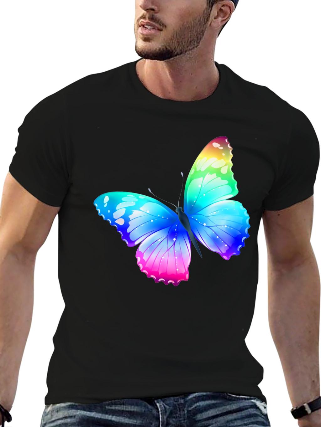 Rainbow Butterfly Graphic Black T-Shirt