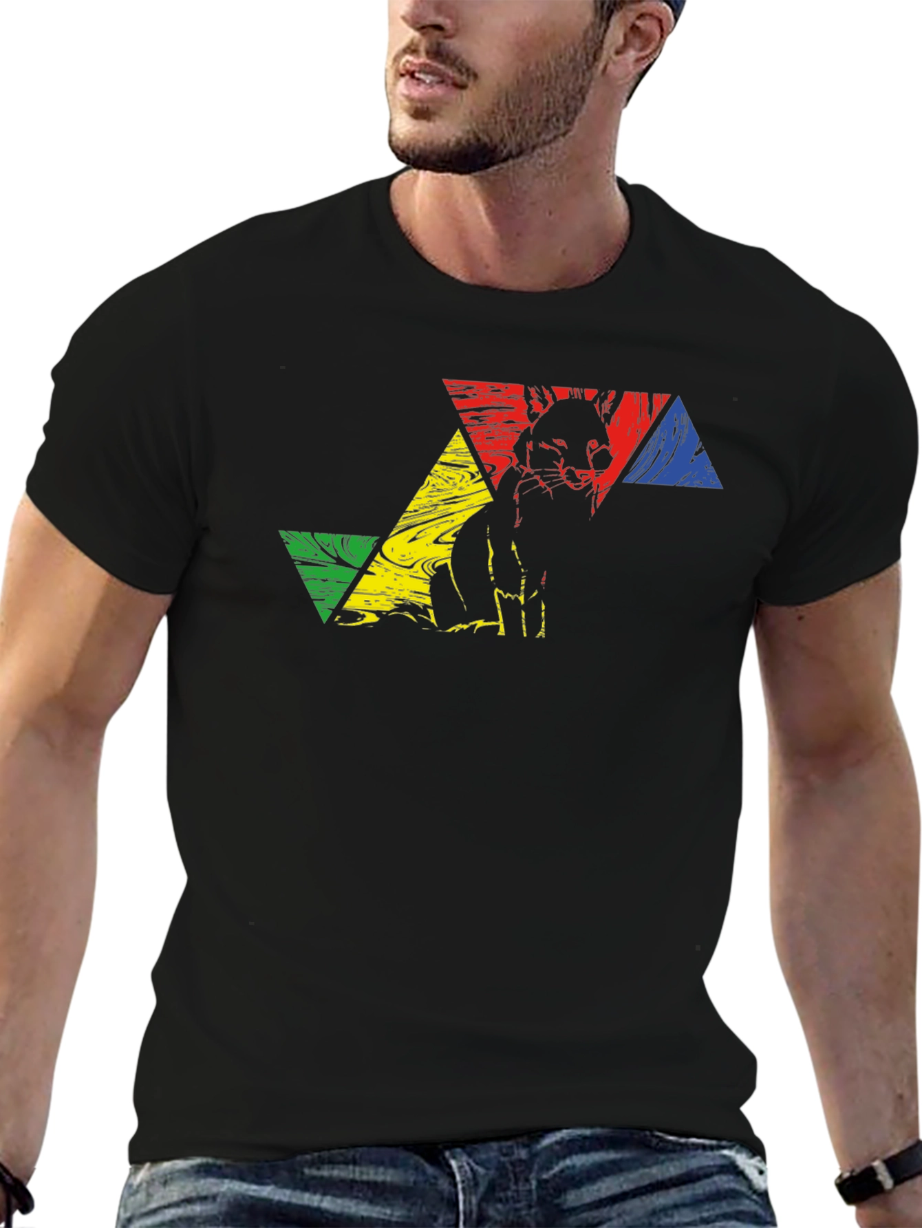 Geometric Fox Graphic Tee - Black Crew Neck