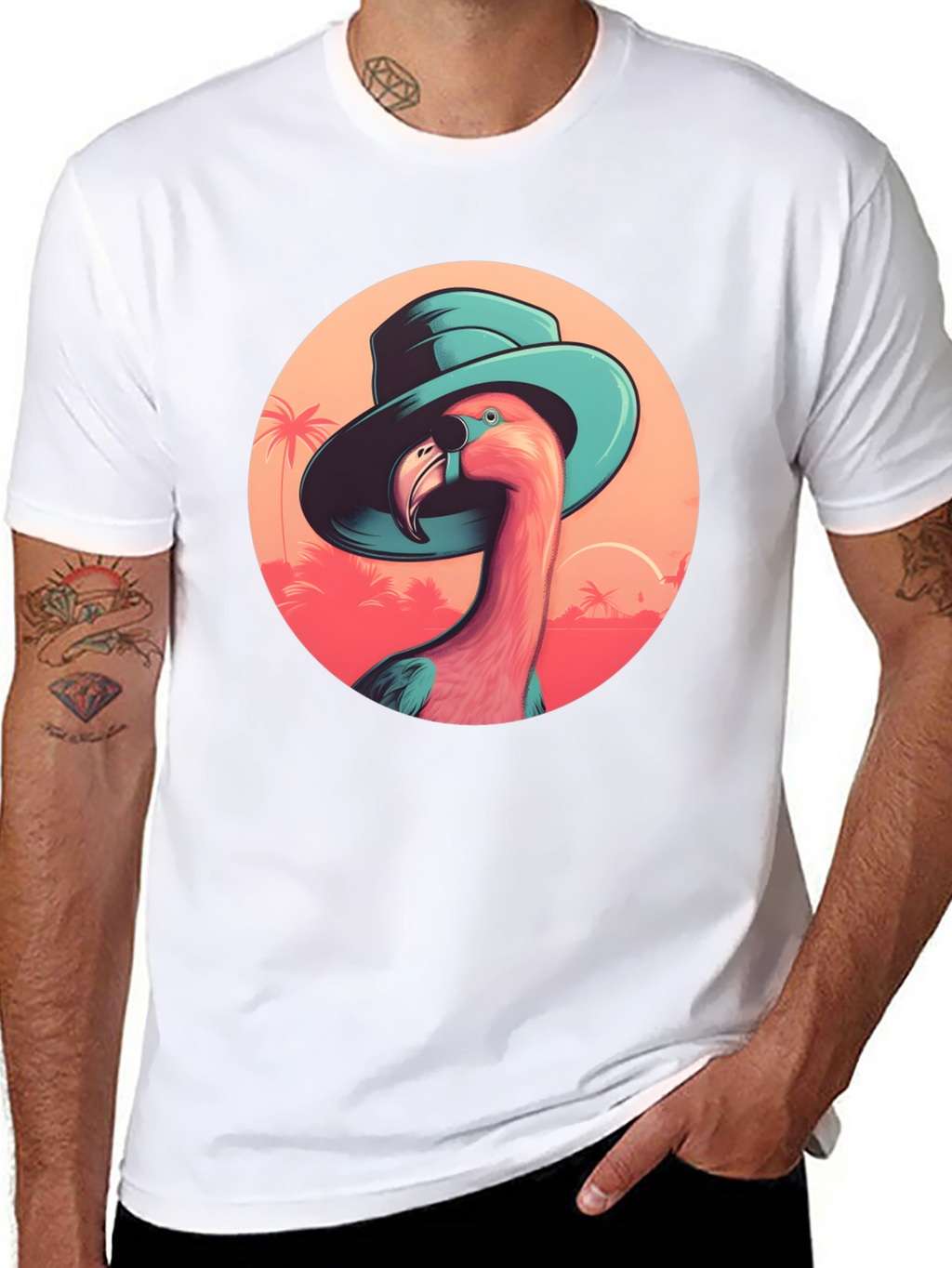 Flamingo in Hat Graphic Tee - Tropical Vacation Style