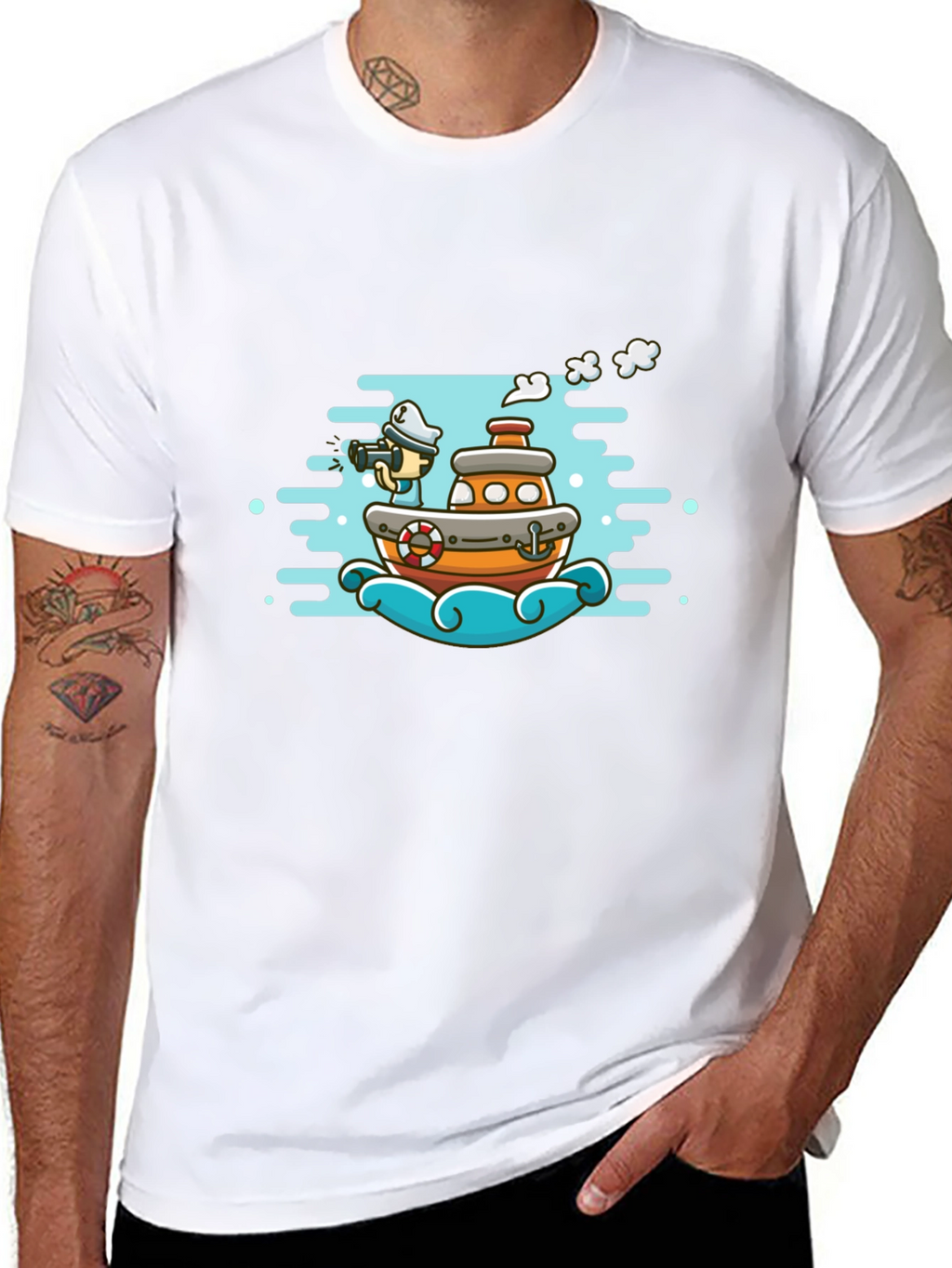 Cartoon Boat Graphic Tee - Black Cotton T-Shirt