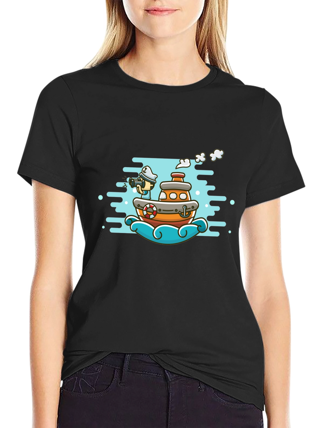 Cartoon Boat Graphic Tee - Black Cotton T-Shirt