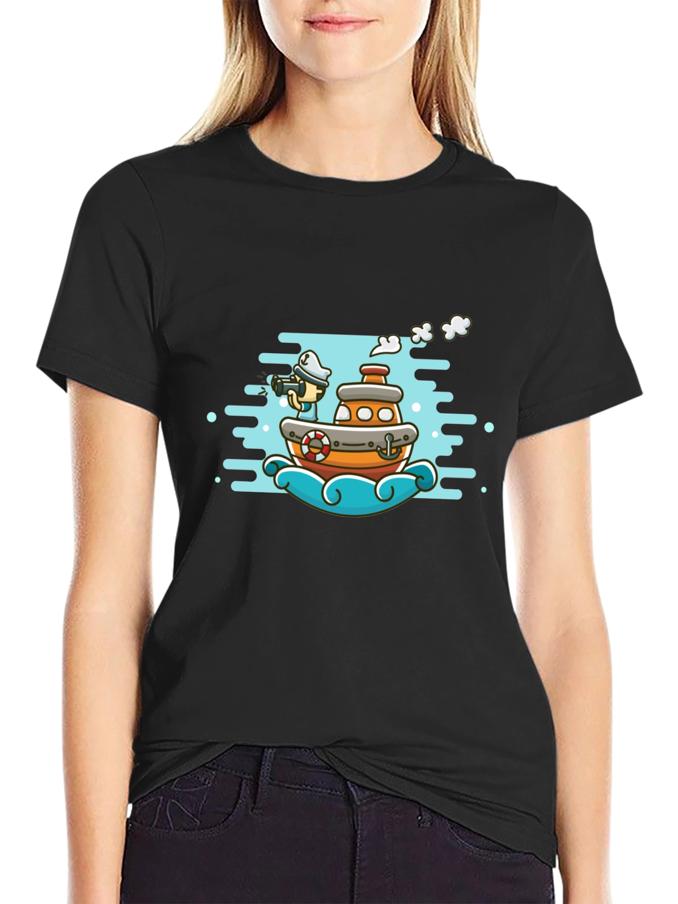 Cartoon Boat Graphic Tee - Black Cotton T-Shirt