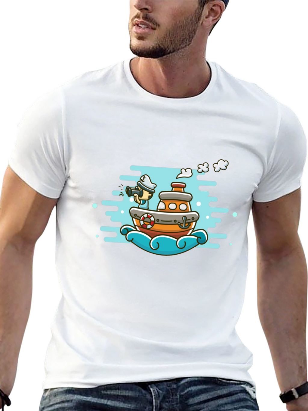 Cartoon Boat Graphic Tee - Black Cotton T-Shirt