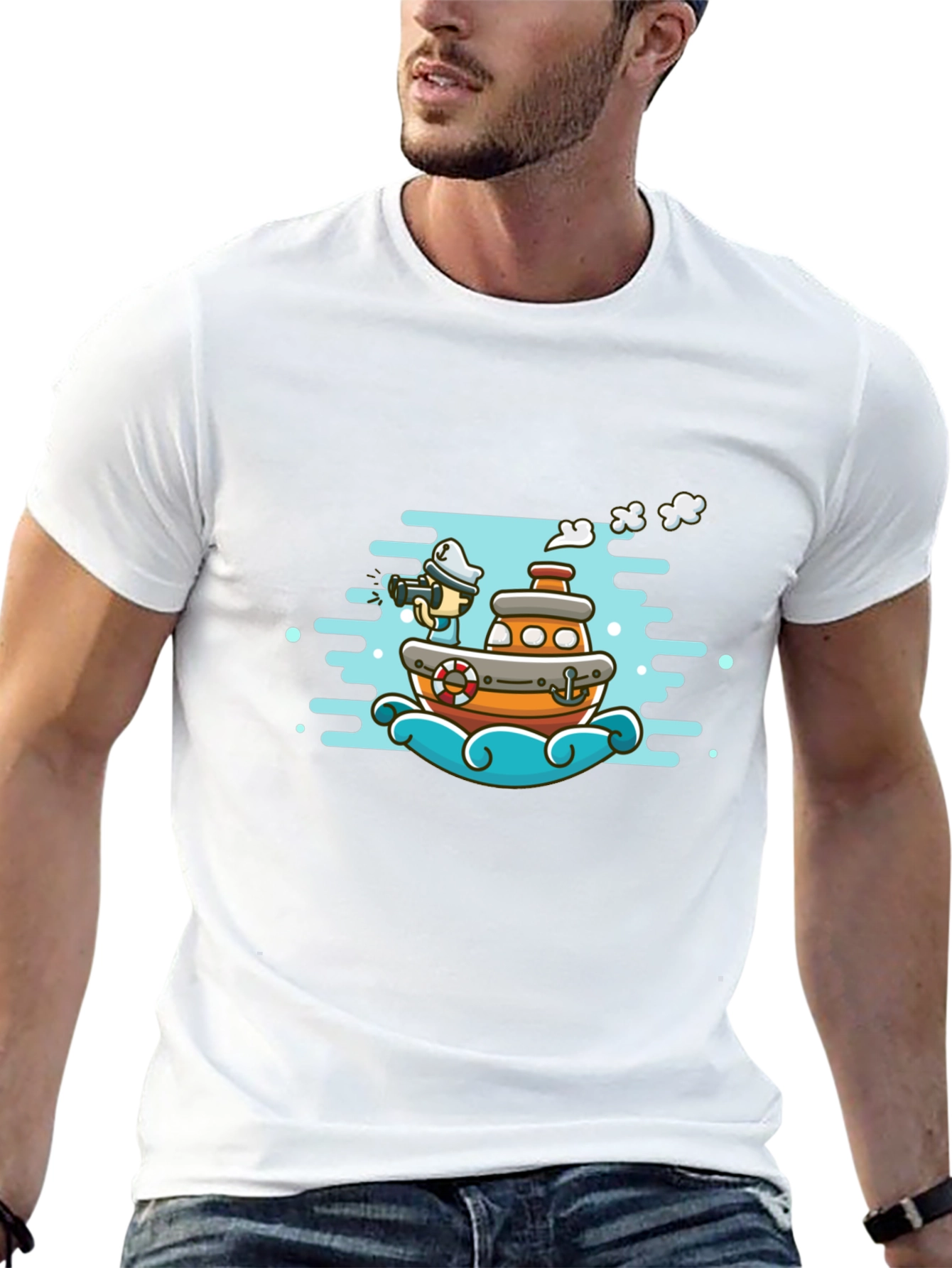 Cartoon Boat Graphic Tee - Black Cotton T-Shirt